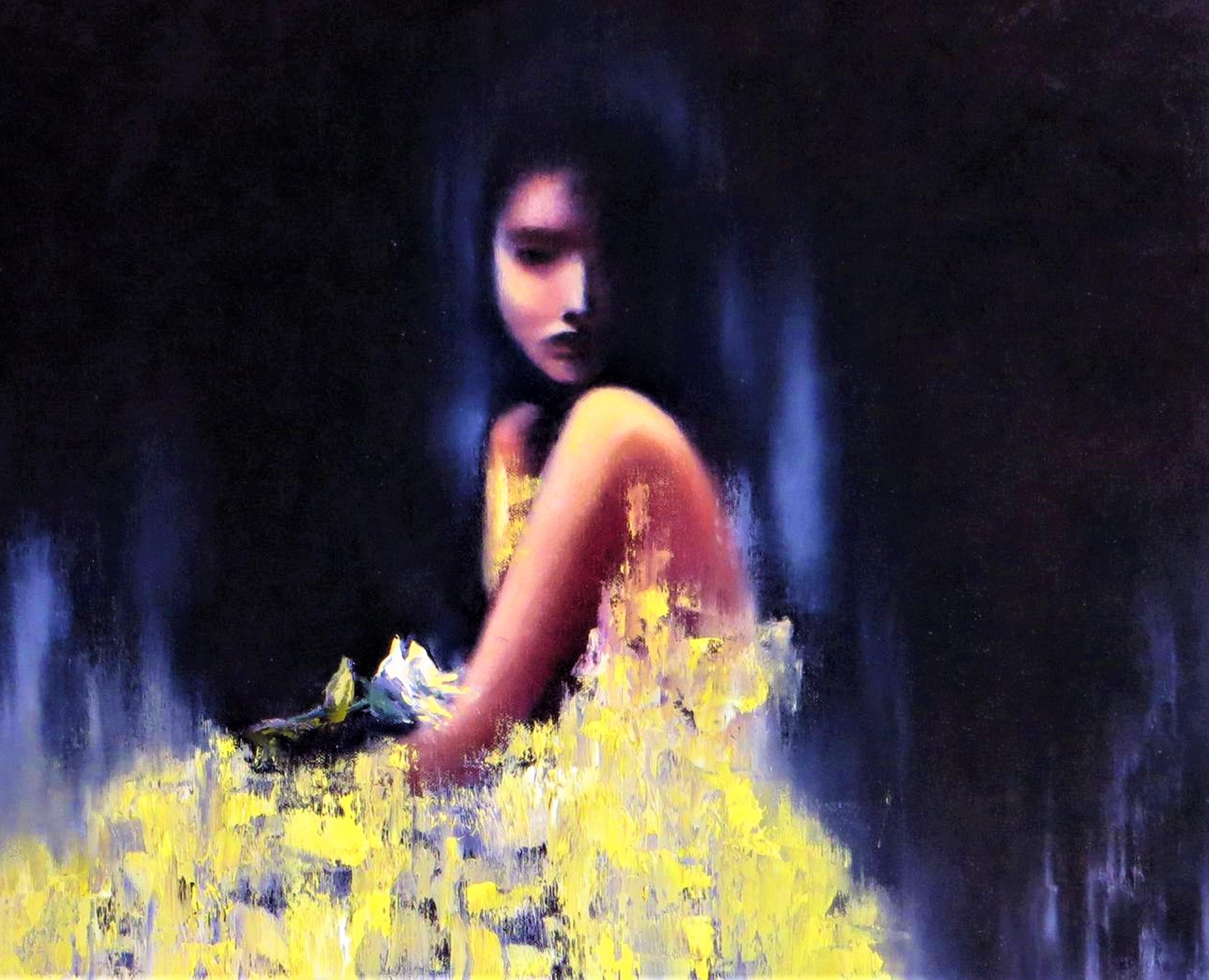 In dieses Ölgemälde habe ich meine Leidenschaft für das ätherische Zusammenspiel von Licht und Schatten einfließen lassen. Ich fange die zarte Dynamik der Emotionen durch expressionistische und impressionistische Techniken ein und verschmelze