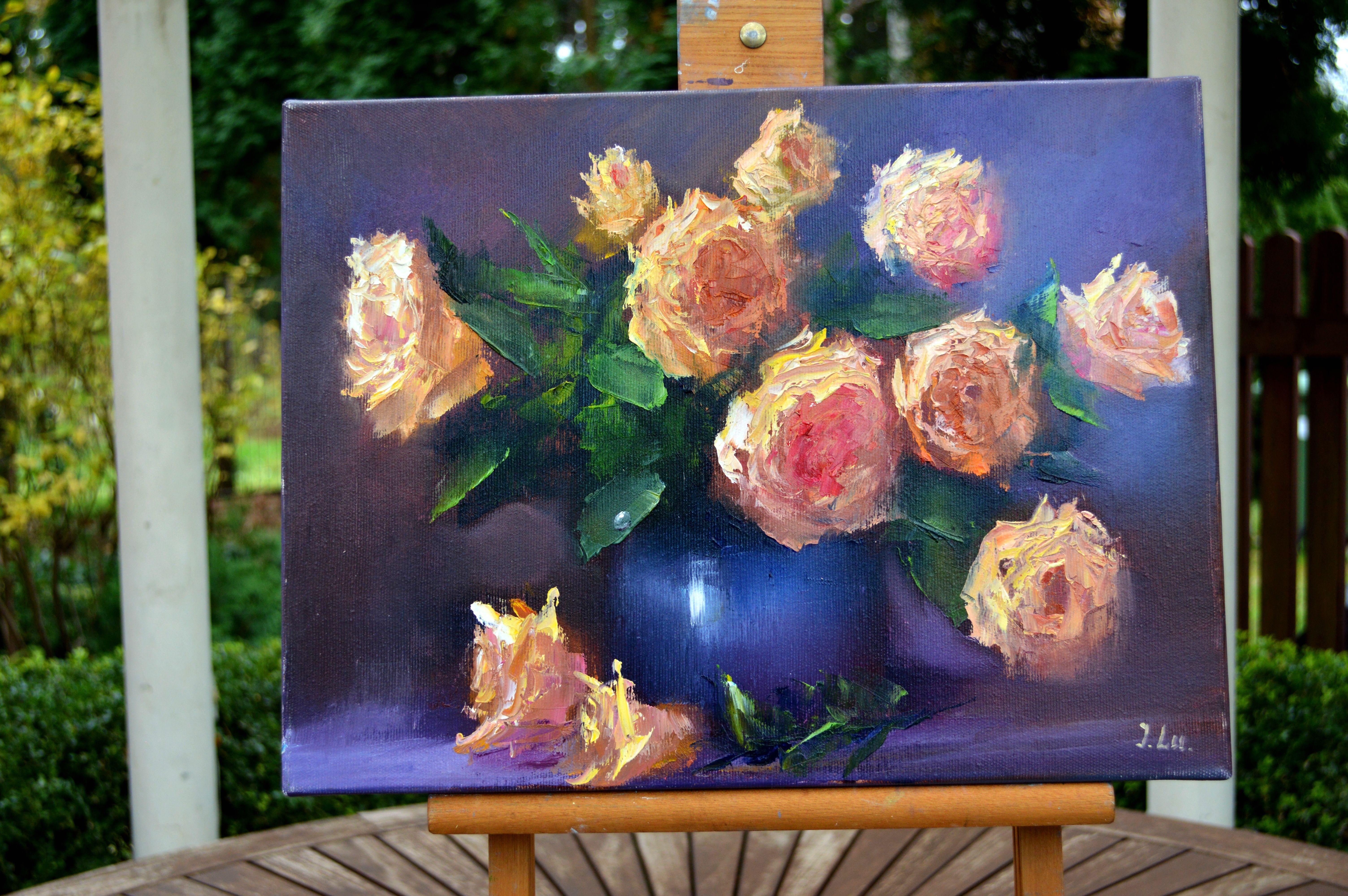 Yellow roses in a blue vase For Sale 7