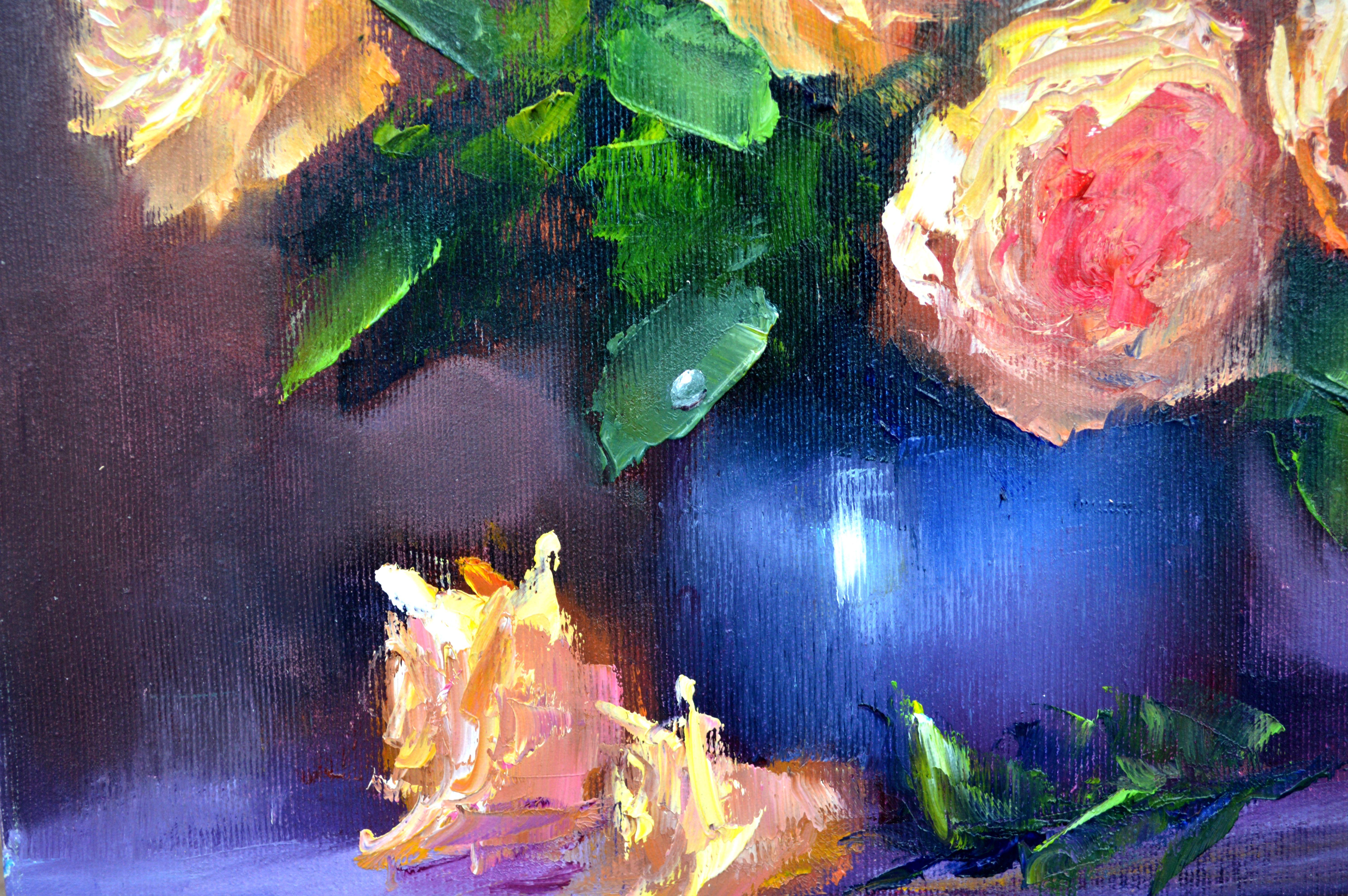 Yellow roses in a blue vase For Sale 8