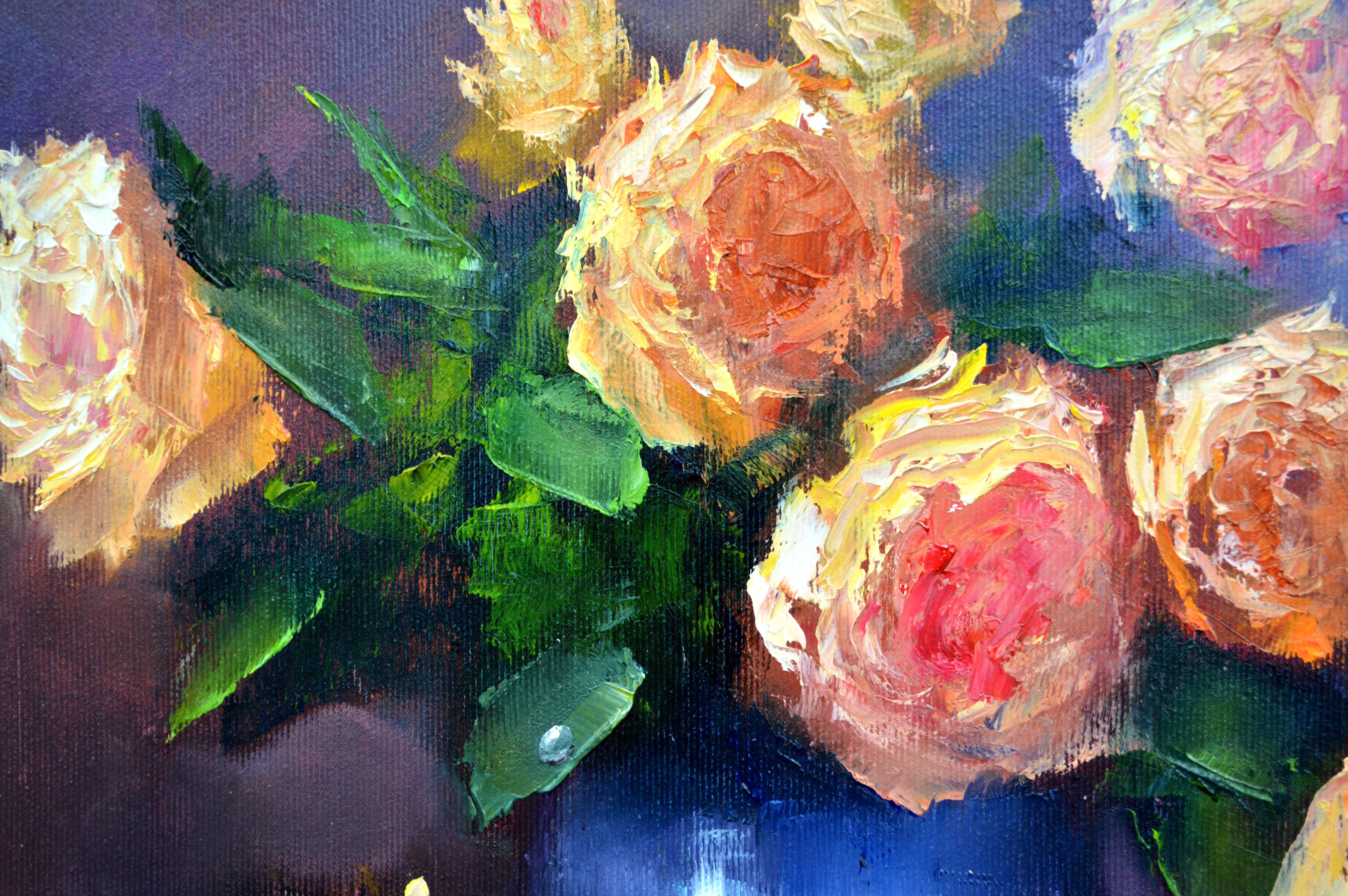 Yellow roses in a blue vase For Sale 9