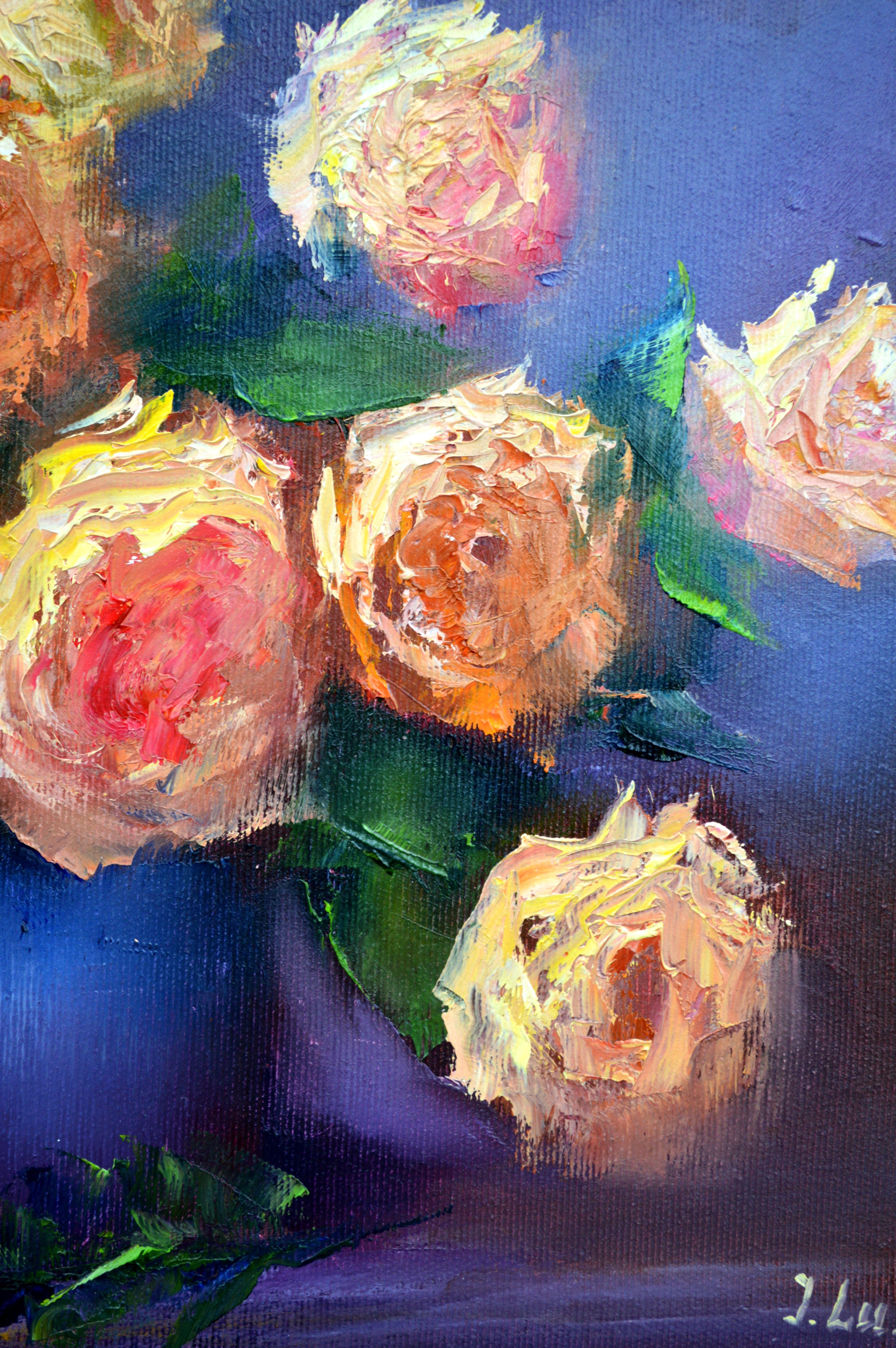 Yellow roses in a blue vase - Painting by Elena Lukina