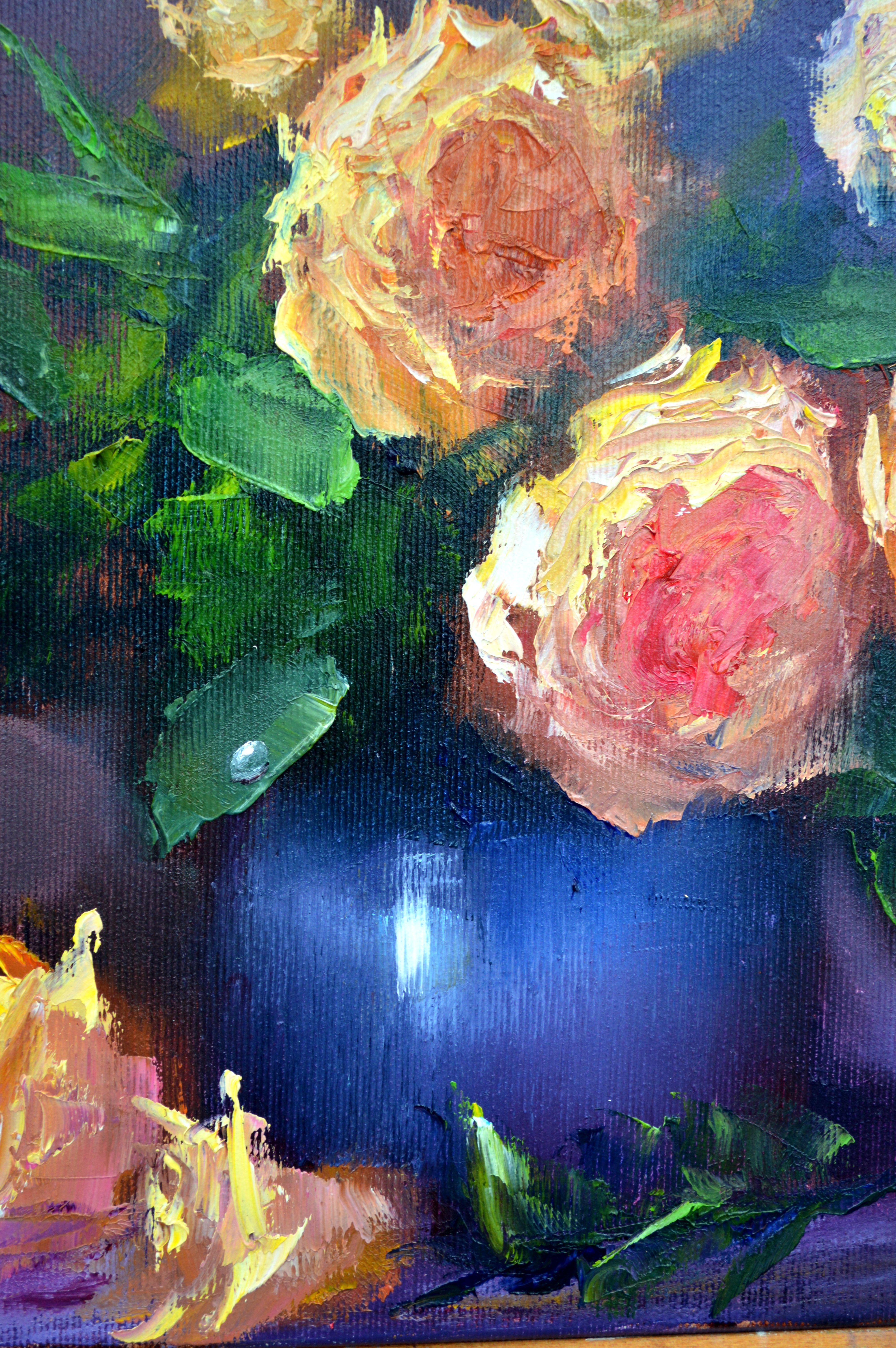 In this piece, I sought to capture the harmony of contrasts, where the warmth of the yellow roses breathes life into the remarkable depth of the blue vase. 
The brushstrokes are deliberate and vivid, expressing my spontaneity and passion. This