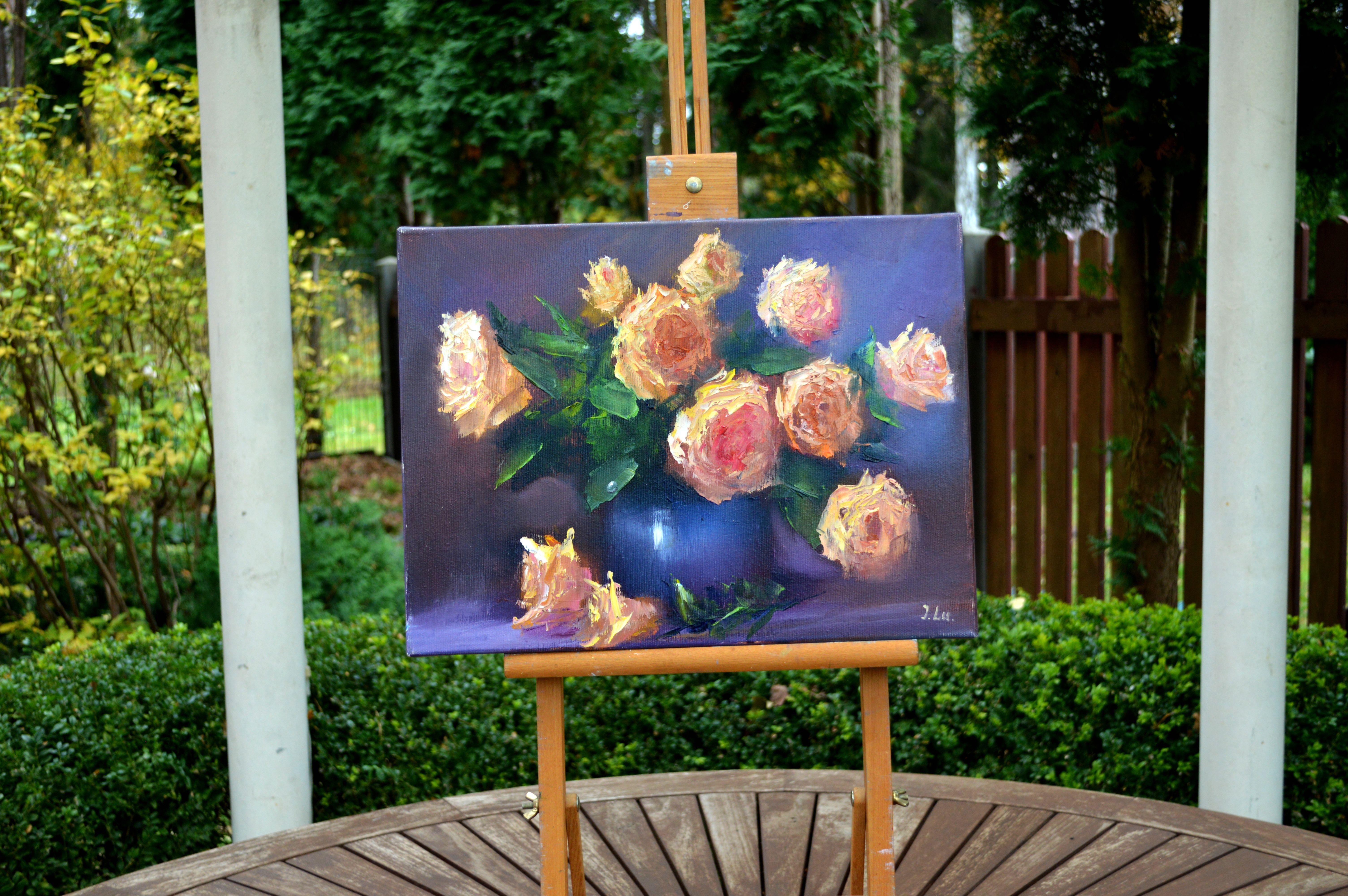 Yellow roses in a blue vase For Sale 4