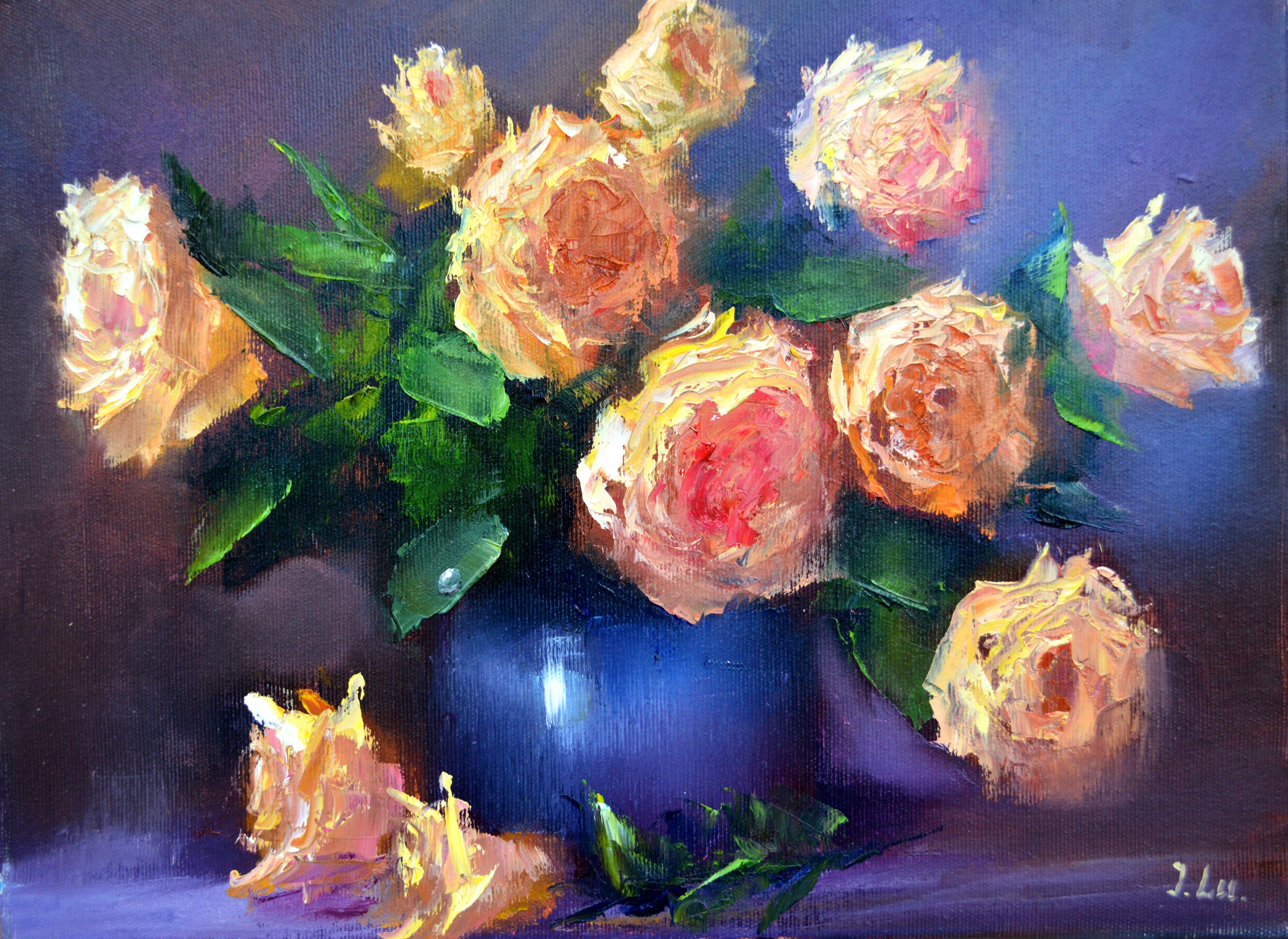 Elena Lukina Interior Painting - Yellow roses in a blue vase