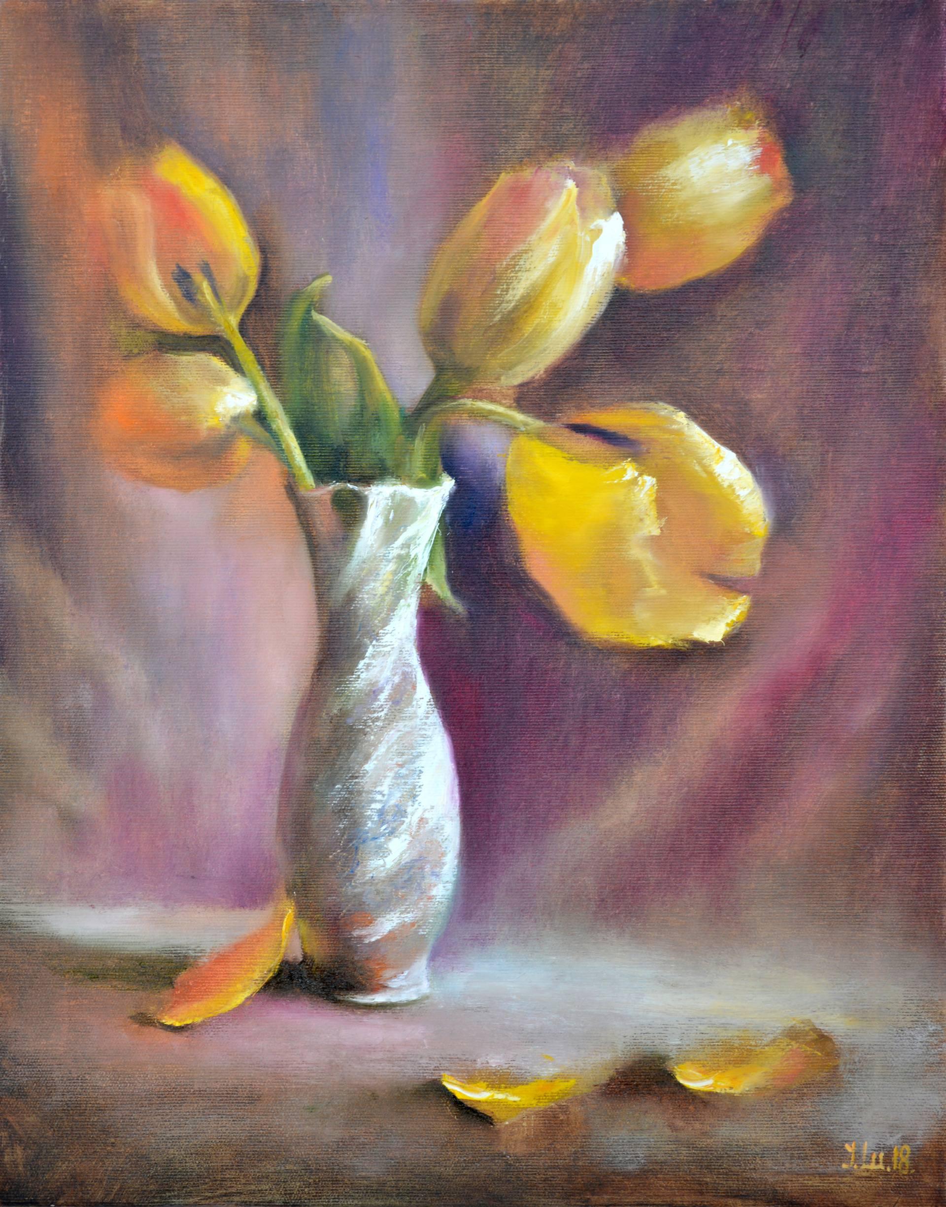 In this passionate creation, I've blended the vibrant energy of expressionism with the delicate subtlety of impressionism. The yellow tulips, vivid yet tender, symbolize bursts of hope and joy. Their gentle descent towards the vase's edge and fallen