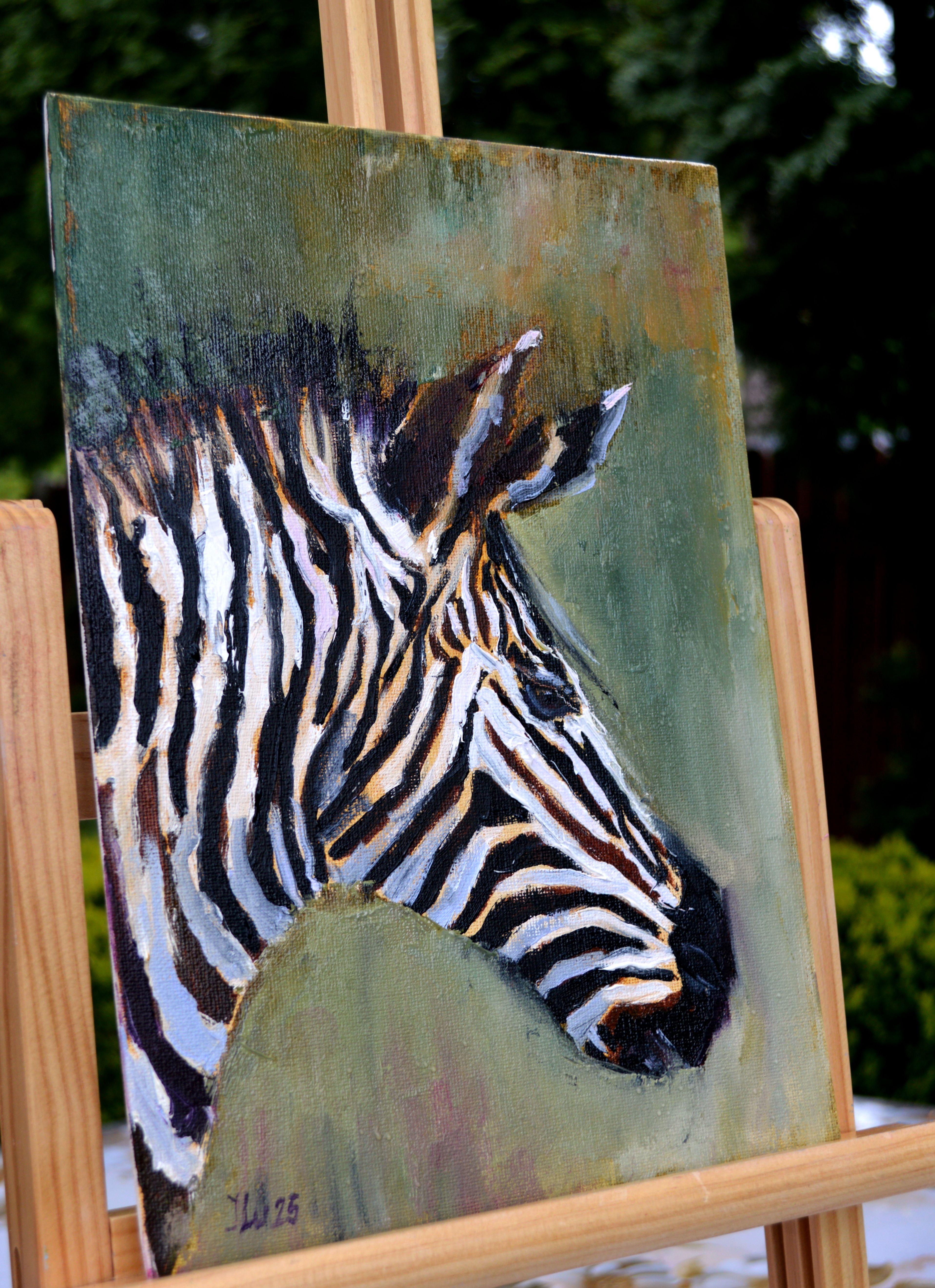 Zebra in profile - Gray Portrait Painting by Elena Lukina