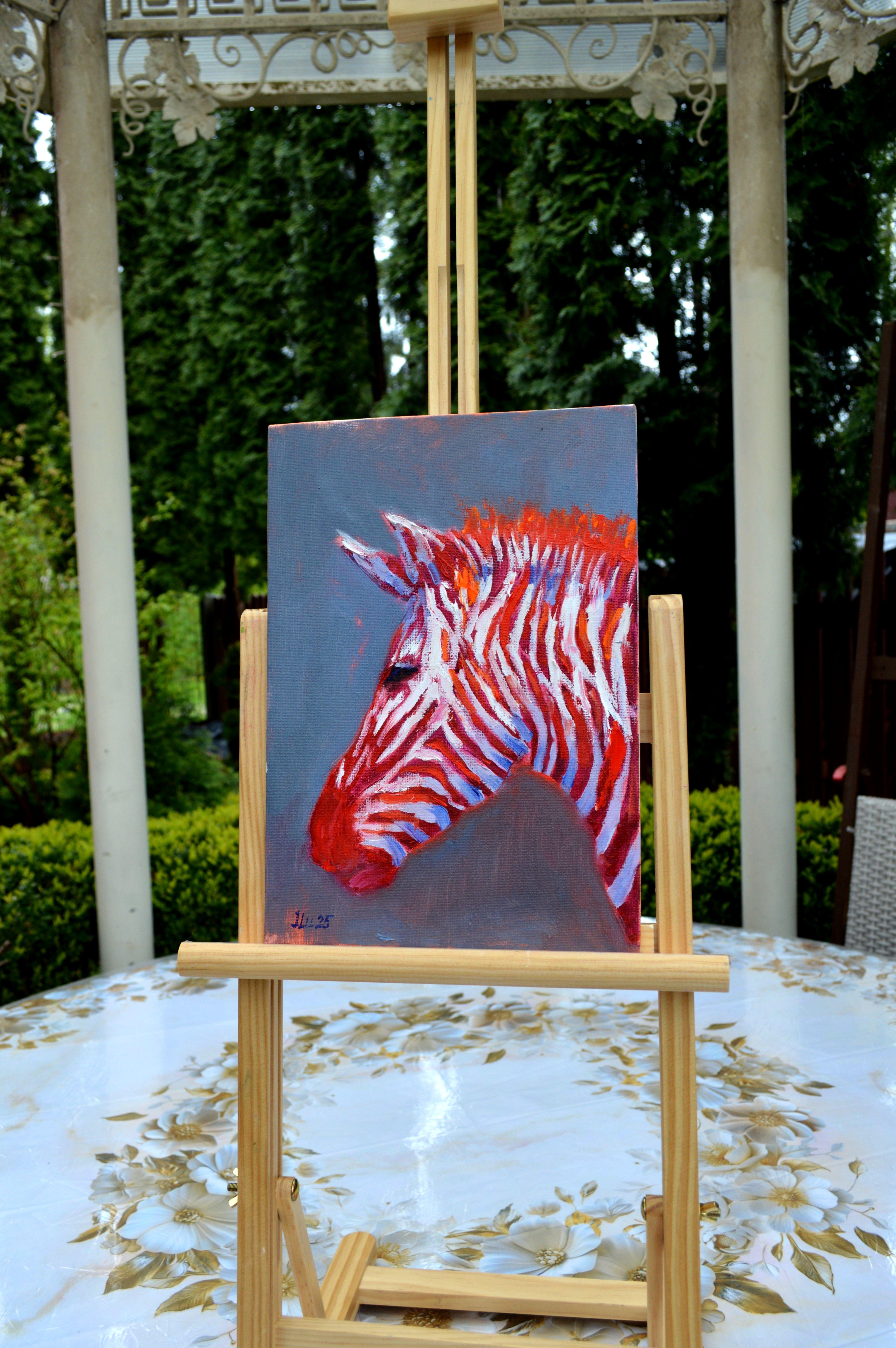 Zebra in Rot – Painting von Elena Lukina