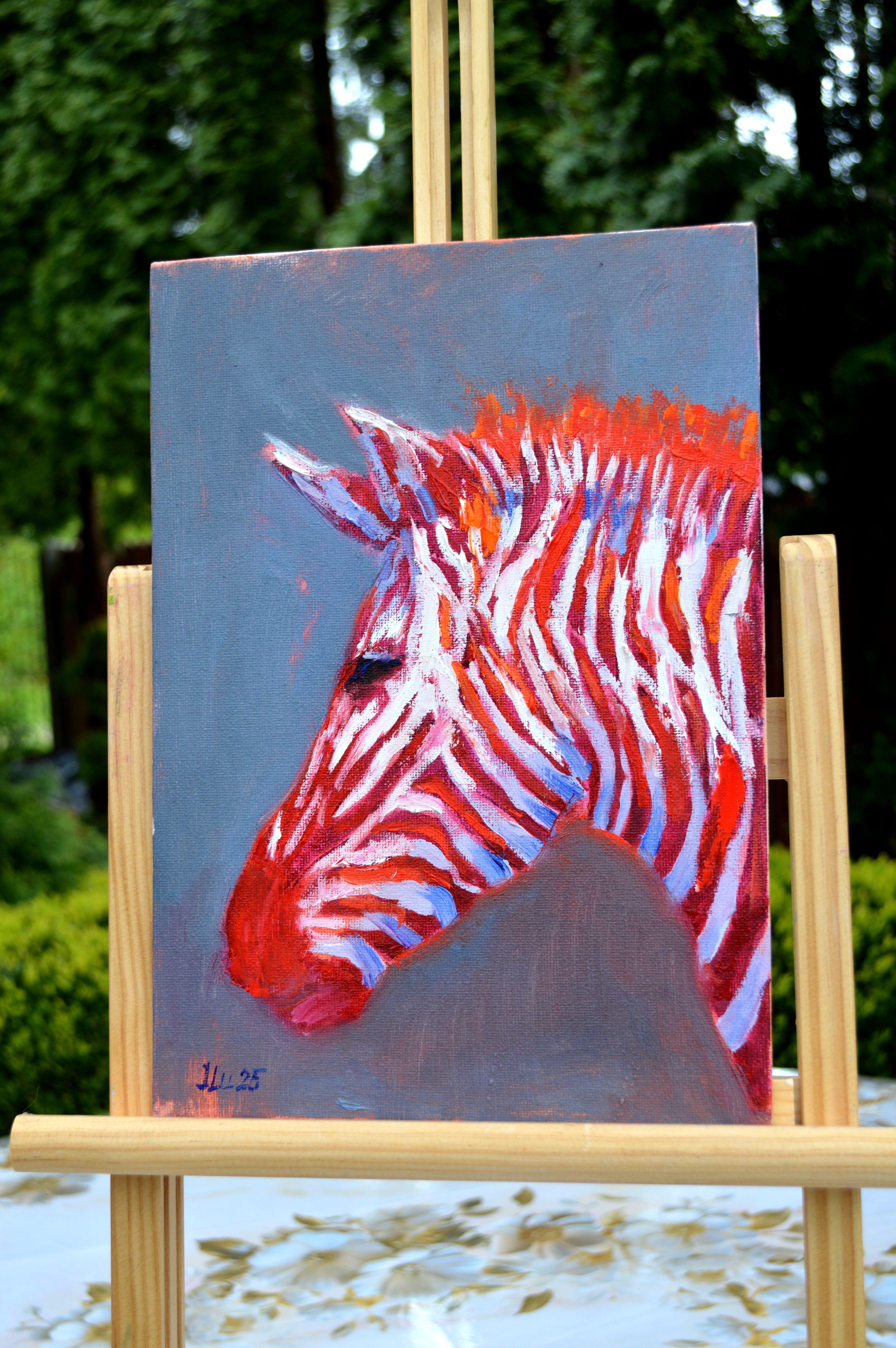 Zebra in Rot (Expressionismus), Painting, von Elena Lukina