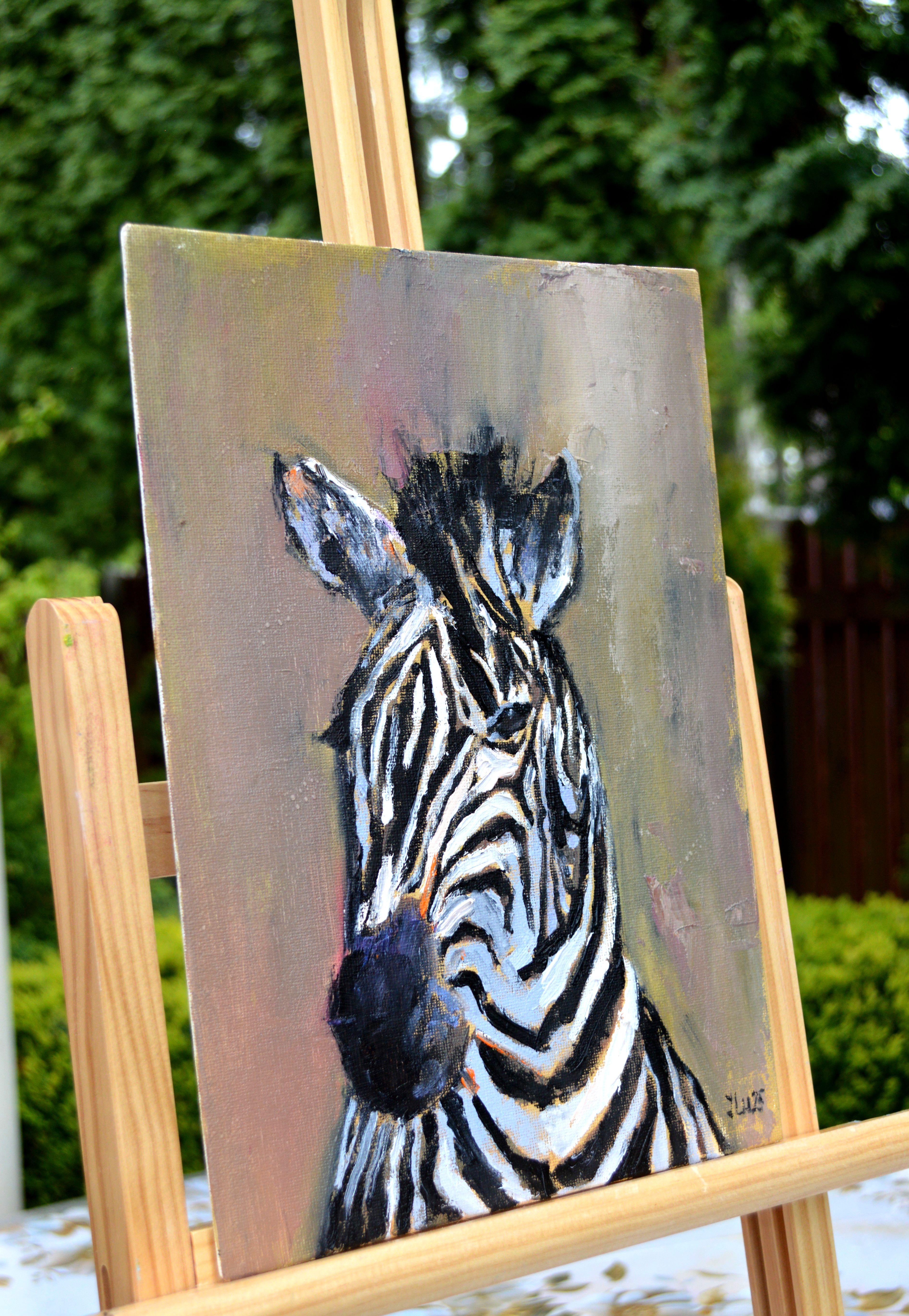 Zebra-Porträt (Grau), Animal Painting, von Elena Lukina