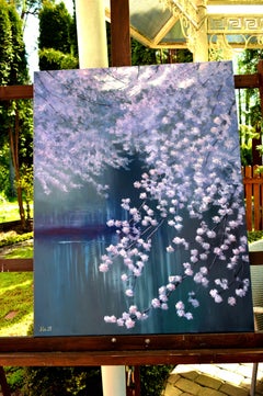 Blooming garden by the pond, Painting, Oil on Canvas