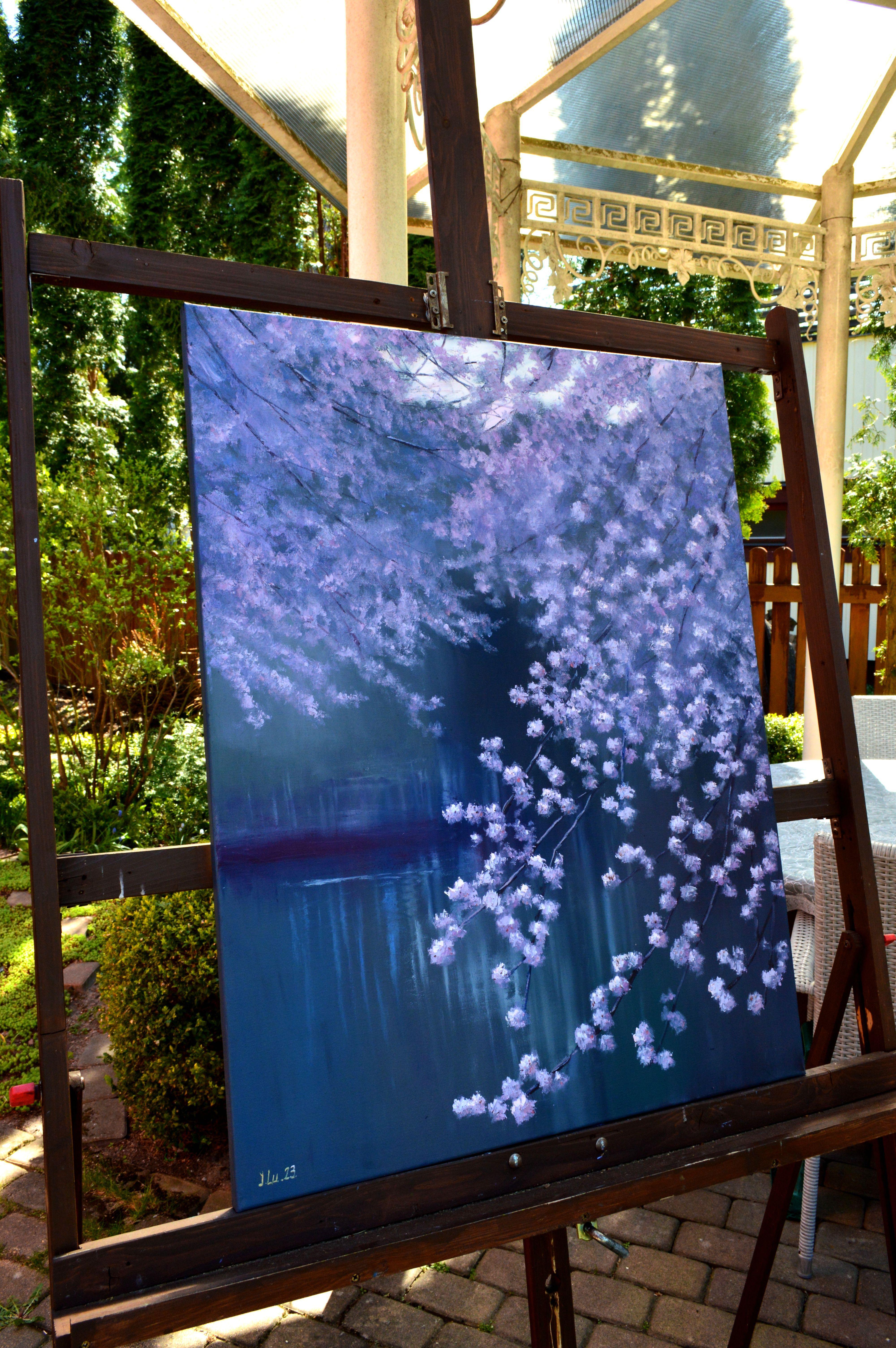 Blooming garden by the pond, Painting, Oil on Canvas For Sale 2