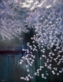 Jardin en fleurs au bord de l'étang, peinture à l'huile sur toile