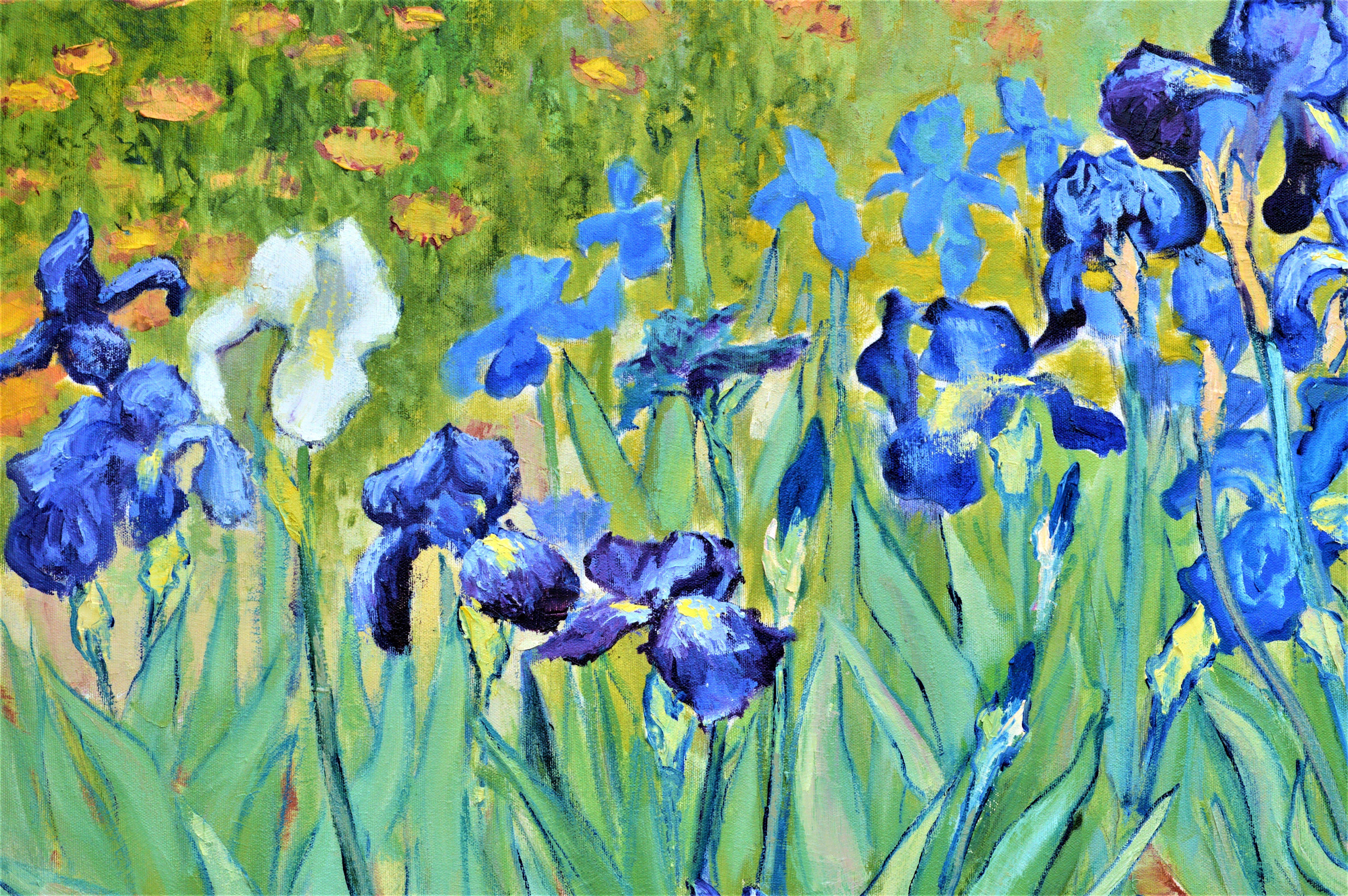 Irises inspired by Van Gogh, Painting, Oil on Canvas For Sale 2