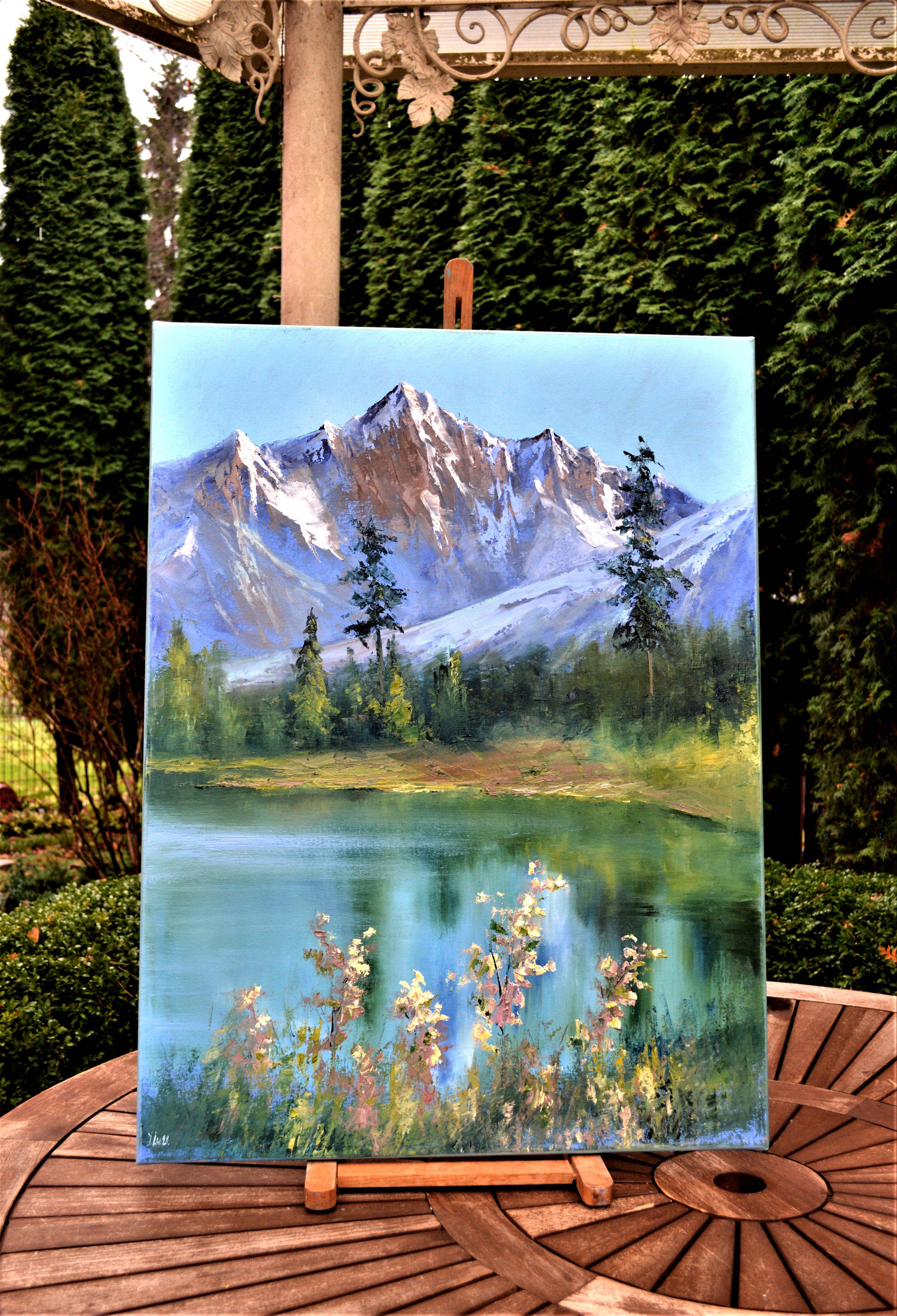 In diesem Ölgemälde habe ich mich bemüht, die heitere Majestät der Natur einzufangen, indem ich expressionistische Kraft mit der zarten Note des Impressionismus verband. Die Leinwand atmet die Kühle der frischen Bergluft und die ruhige Reflexion