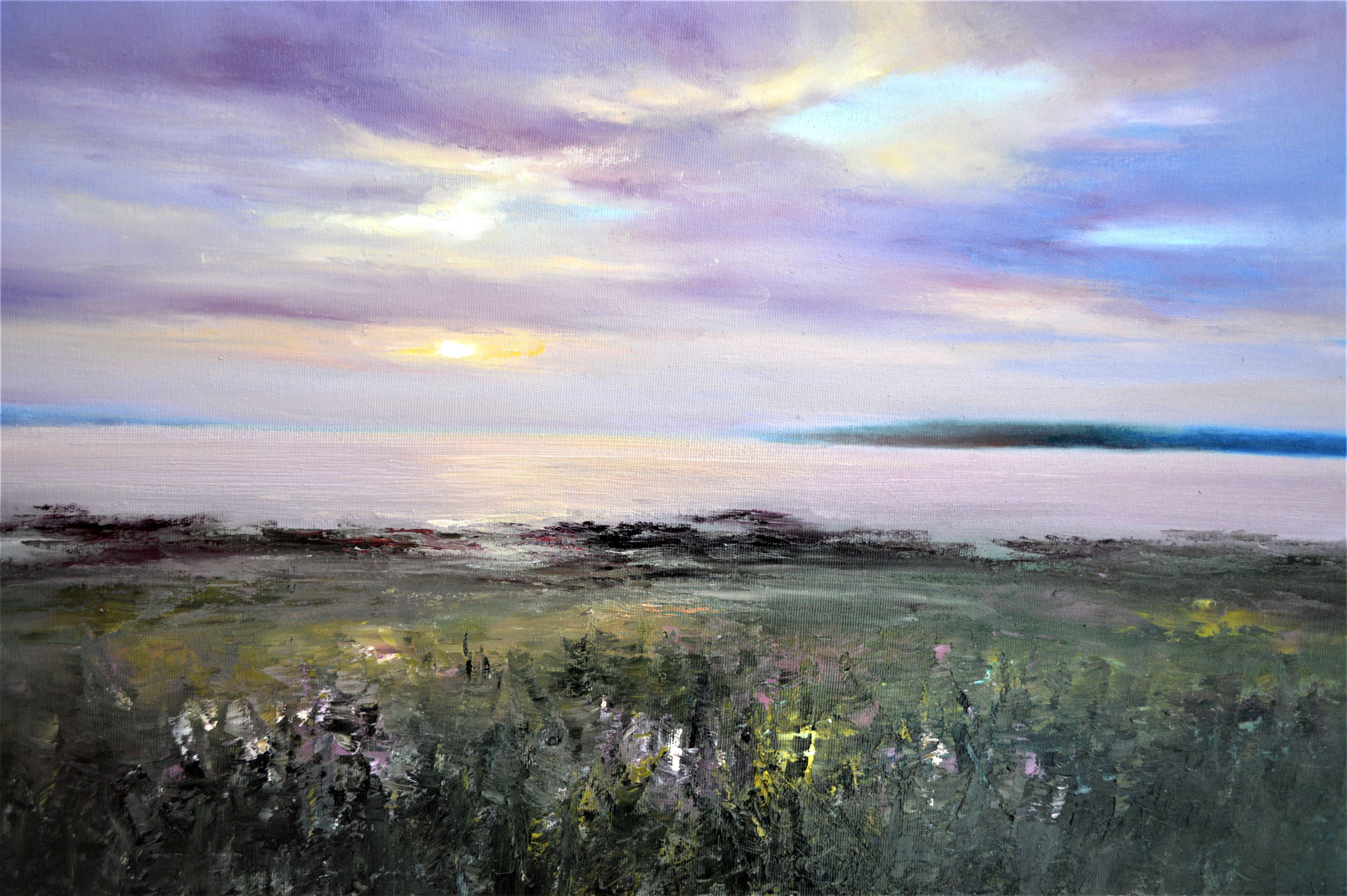 En este óleo, he plasmado una tranquila ribera al atardecer, evocando serenidad. Las pinceladas mezclan expresionismo con un toque de impresionismo, creando una escena vívida y onírica a la vez. Los colores -una sinfonía de morados, rosas y azules-