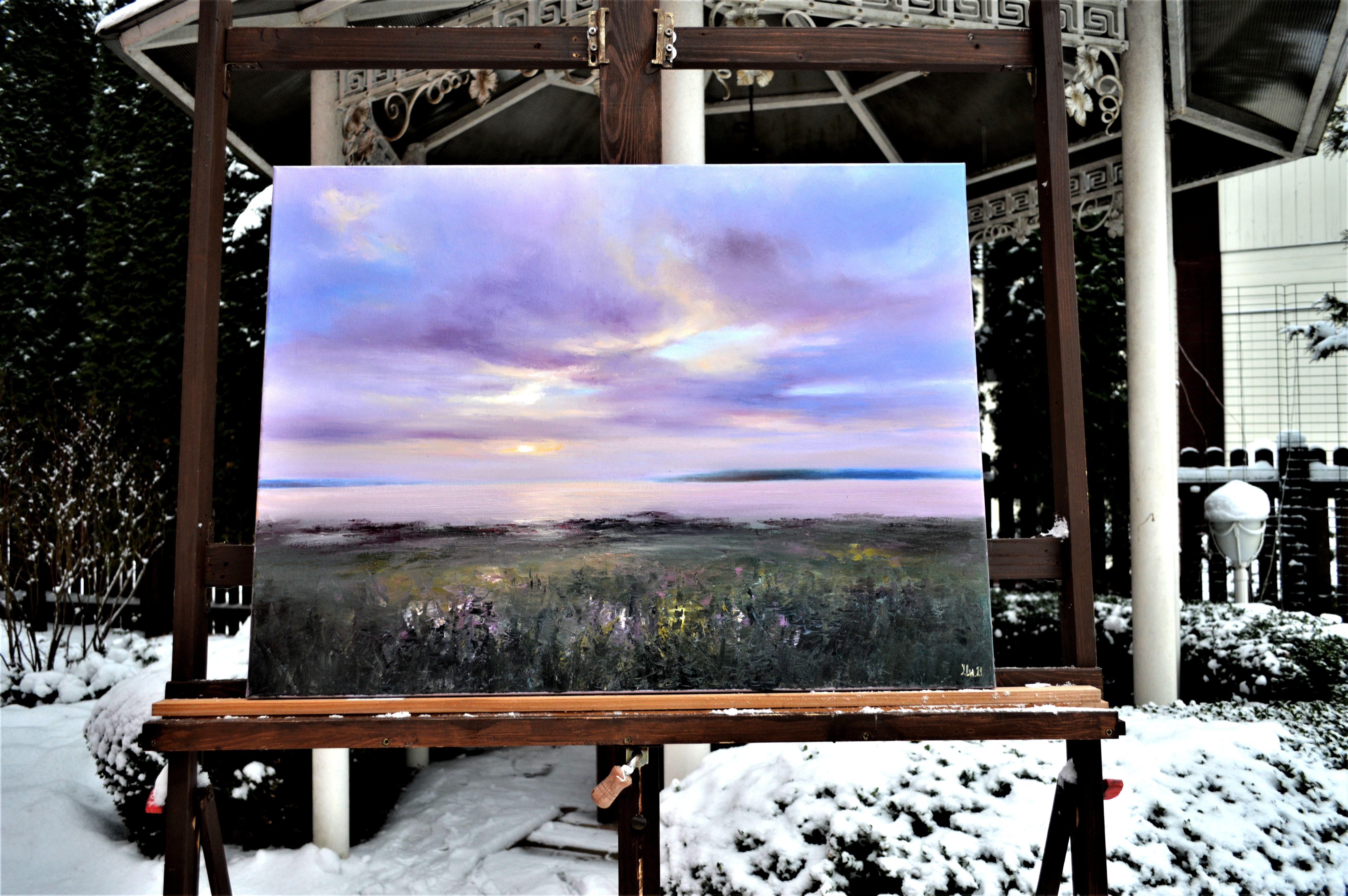 Puesta de sol rosa junto al río, Pintura, Óleo sobre lienzo en venta 1