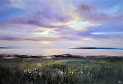 Pink sunset by the river, Painting, Oil on Canvas