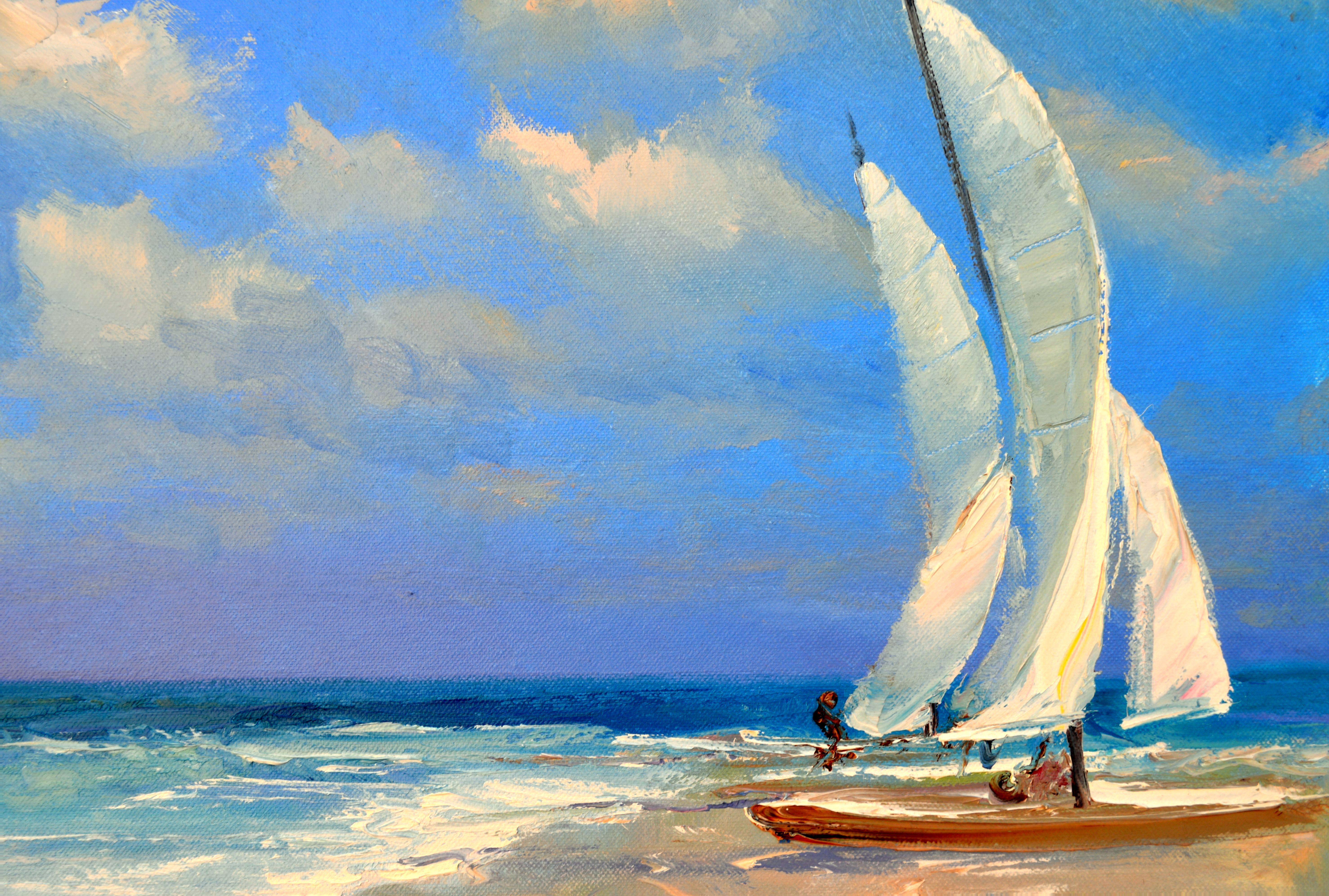 Mare. Barca a vela, Pittura, Olio su tela - Painting Espressionista di Elena  Lukina