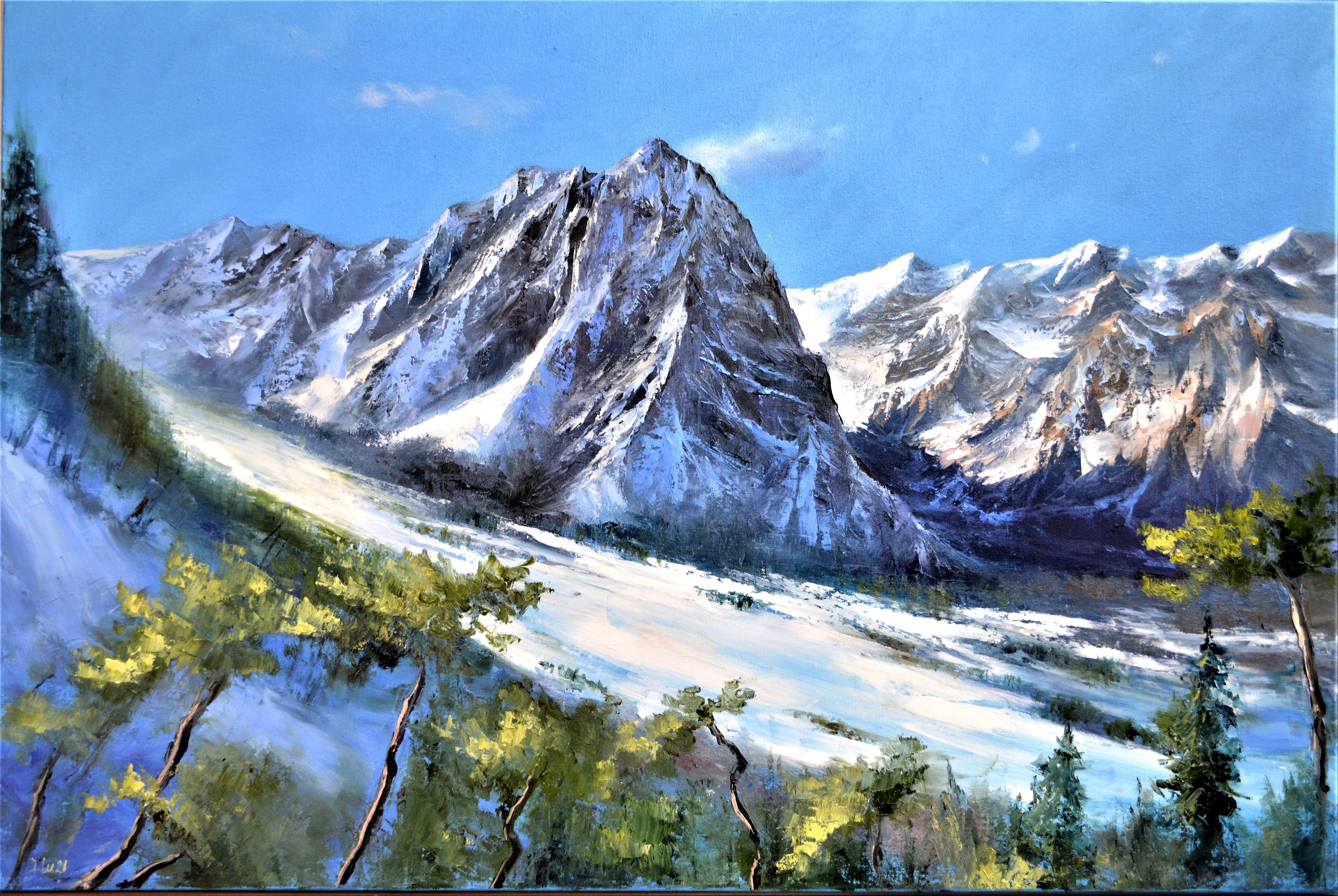 What attracts me to the mountains is their grandeur and perfection.  Clean mountain air, impressive size, and the joy of anticipating  a Christmas holiday in the mountains.  Ski slope, snow, joy of Christmas and a wonderful winter!    Painting by