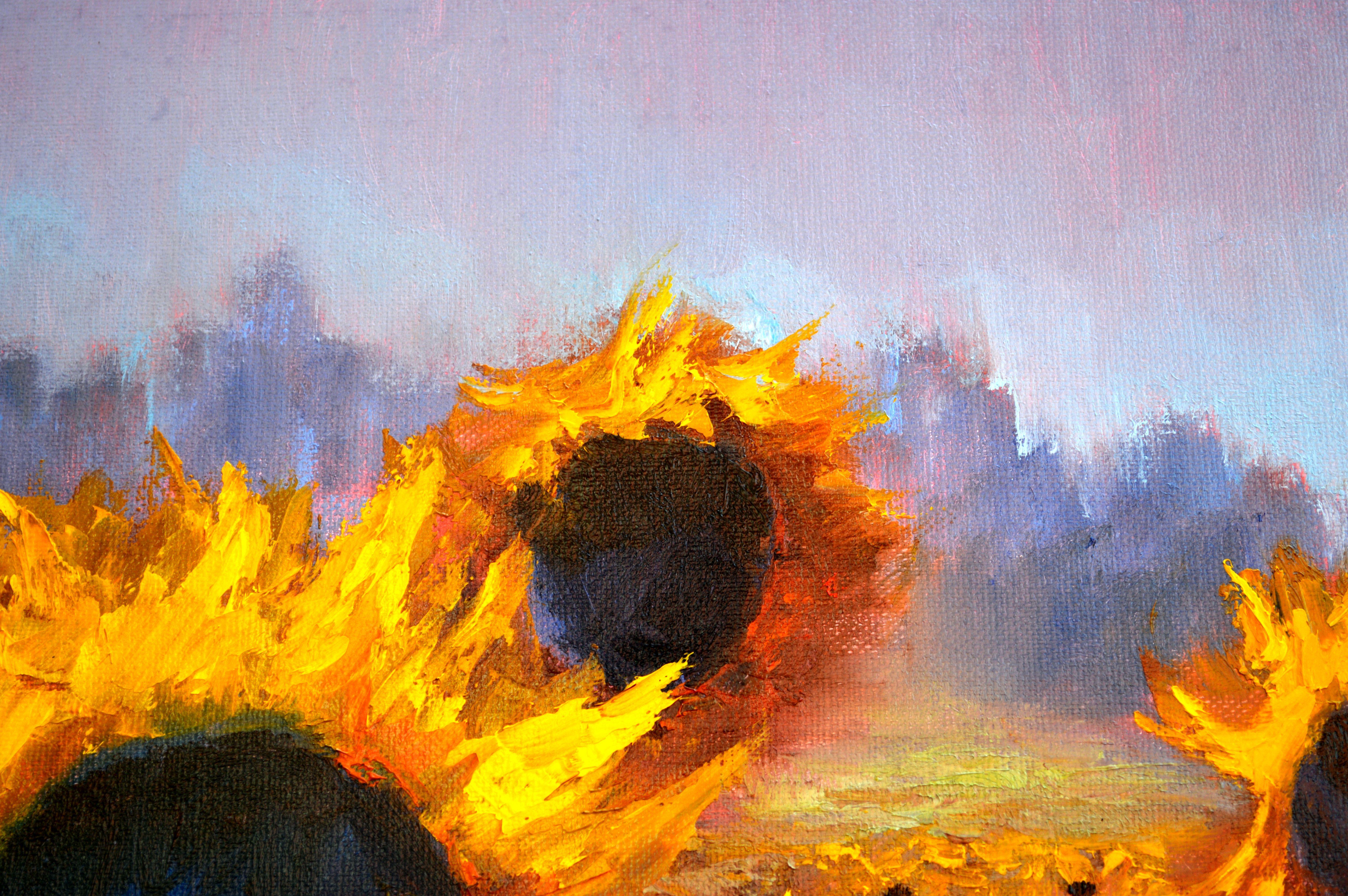 En este vibrante óleo, he puesto todo mi corazón en captar la feroz belleza de los girasoles erguidos. Cada trazo encarna la energía y la calidez que desprenden estas flores, mezclando el estilo impresionista con el detalle realista. La pieza