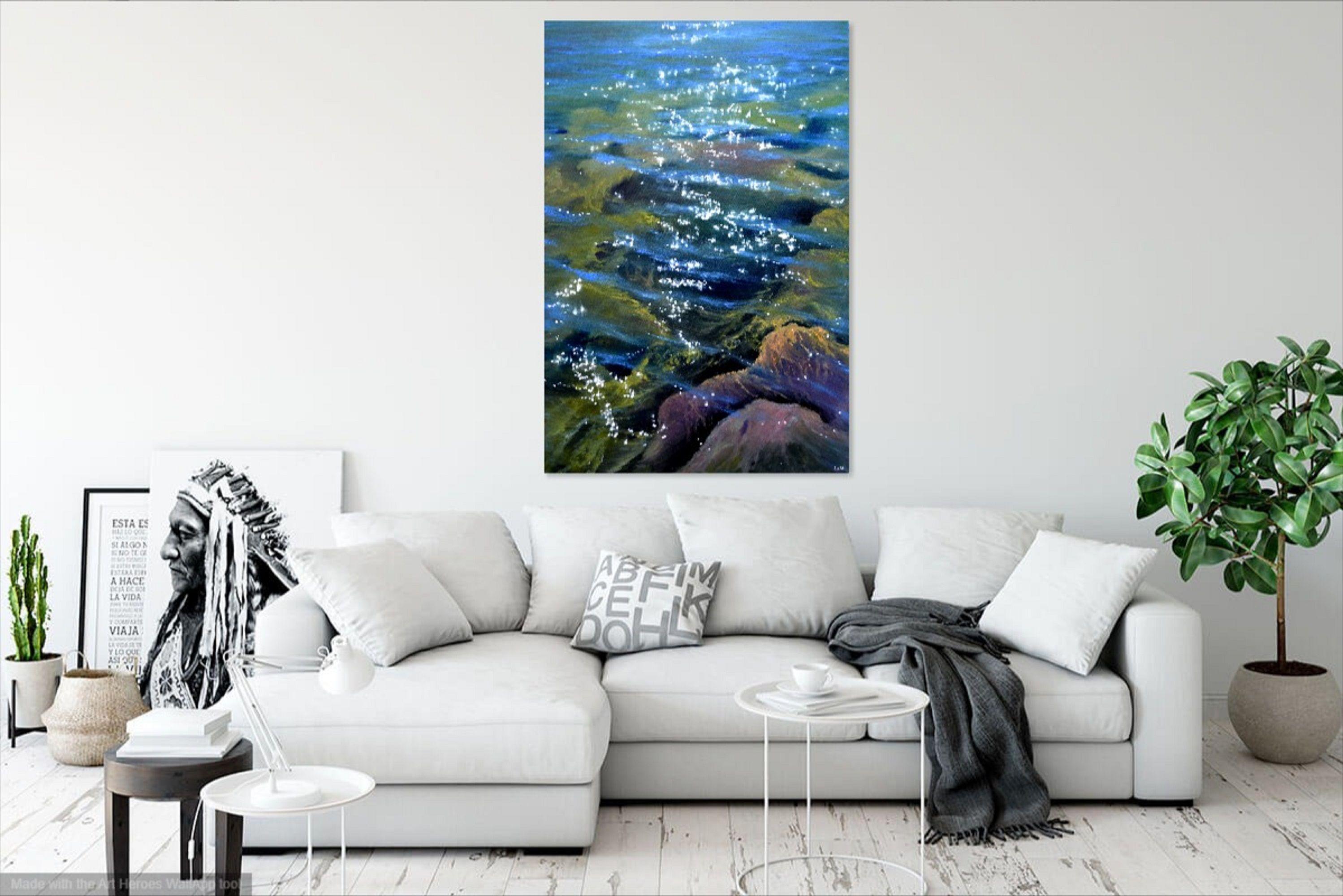 Bei der Herstellung dieses Werks habe ich meinen Geist in das Zusammenspiel von Licht und Wasser gesteckt, indem ich Öl auf die Leinwand brachte, um den Tanz des Sonnenlichts einzufangen, wenn es die Wasseroberfläche küsst und eine Sinfonie von