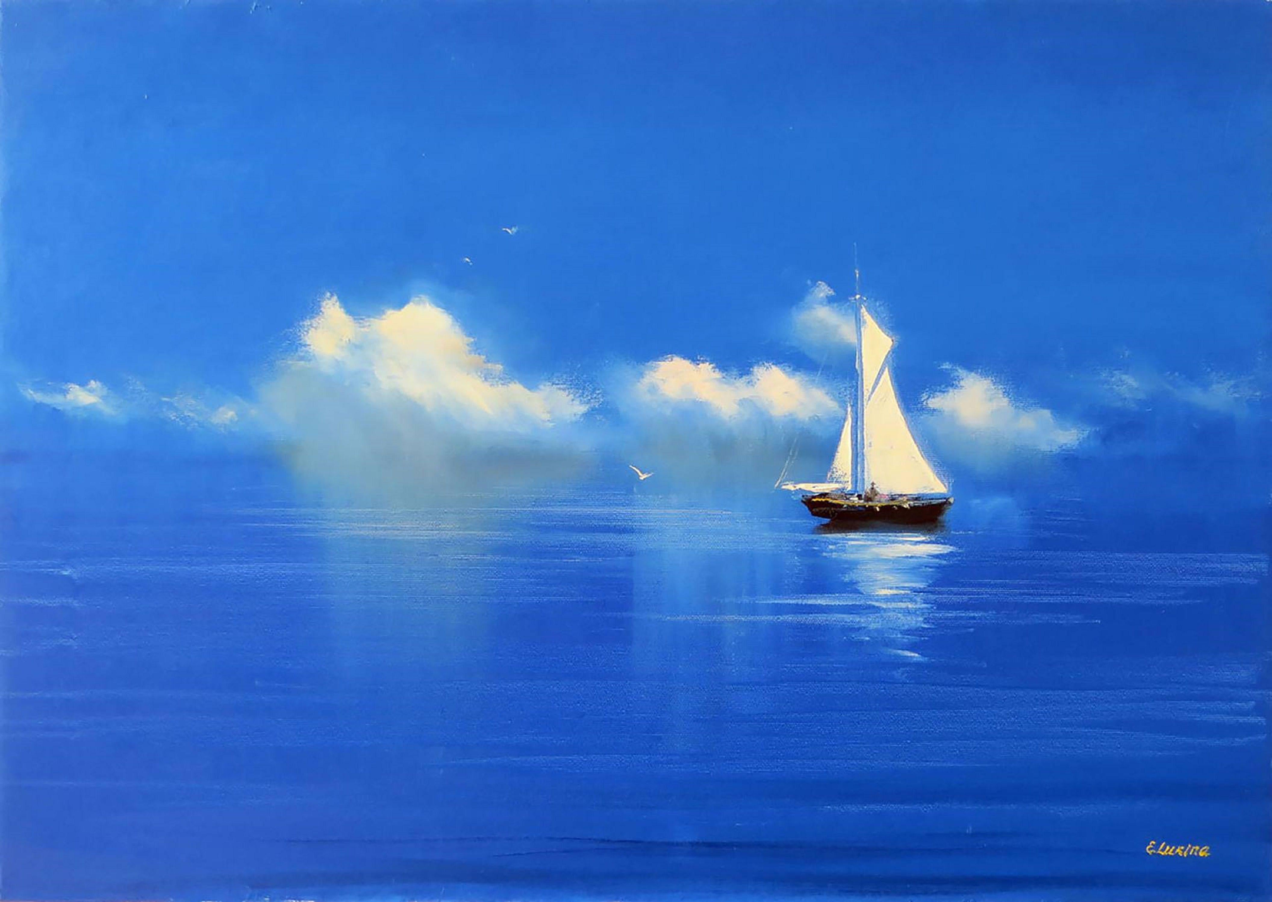 This work is inspired by the sea space.  Unusually impressive blue of the sea.  A white sailboat and white clouds are reflected in contrast in the glossy surface of the sea.  Stylish painting for a modern interior.    Canvas Italy by Caravaggio ::