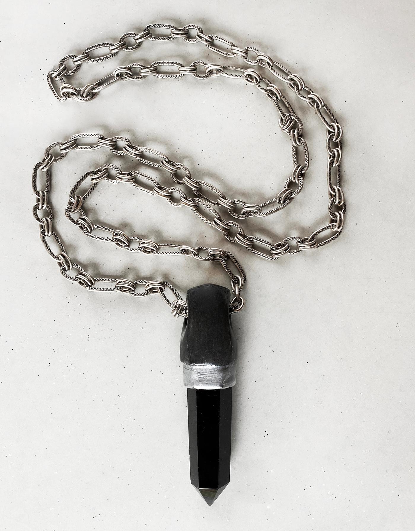 Big Pendant Statement Necklace Black Silver Rubber Necklace Avant-garde Modern Unusual Jewelry