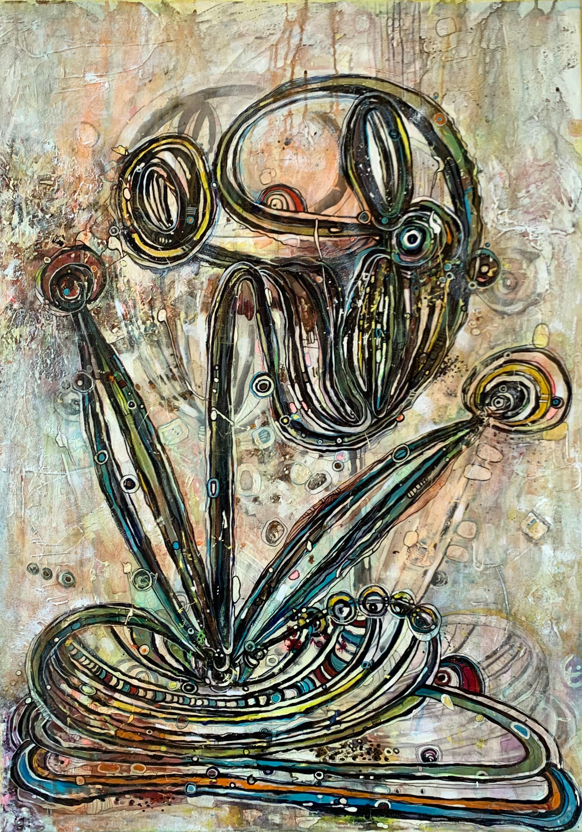 Abstraktes Acrylgemälde „R Blume“ 39" x 28" Zoll von Elena Lyapina