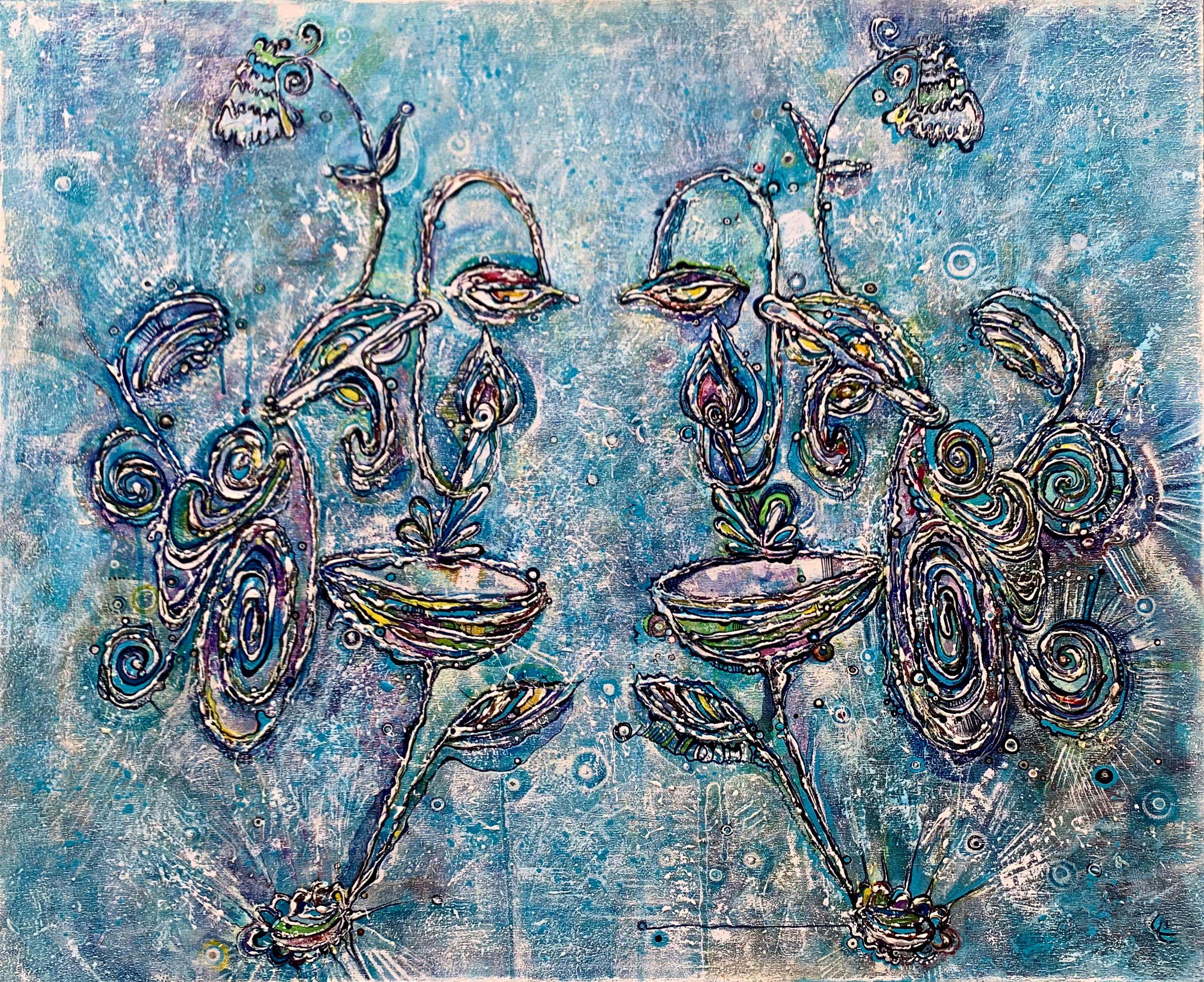 "Symmetrie der Blumen auf Blau" Acrylgemälde 32" x 39" Zoll von Elena Lyapina