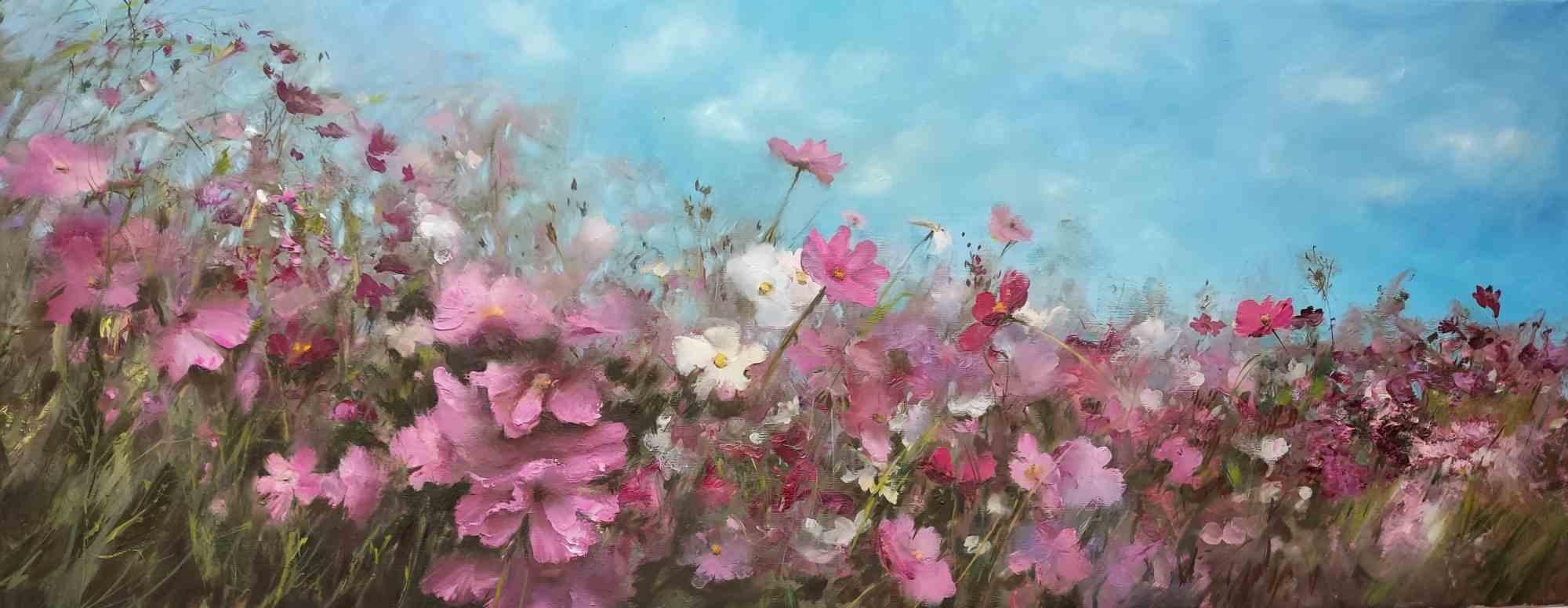 Big Bush of Cosmos Flowers - Oil Paint by Elena Mardashova - 2020