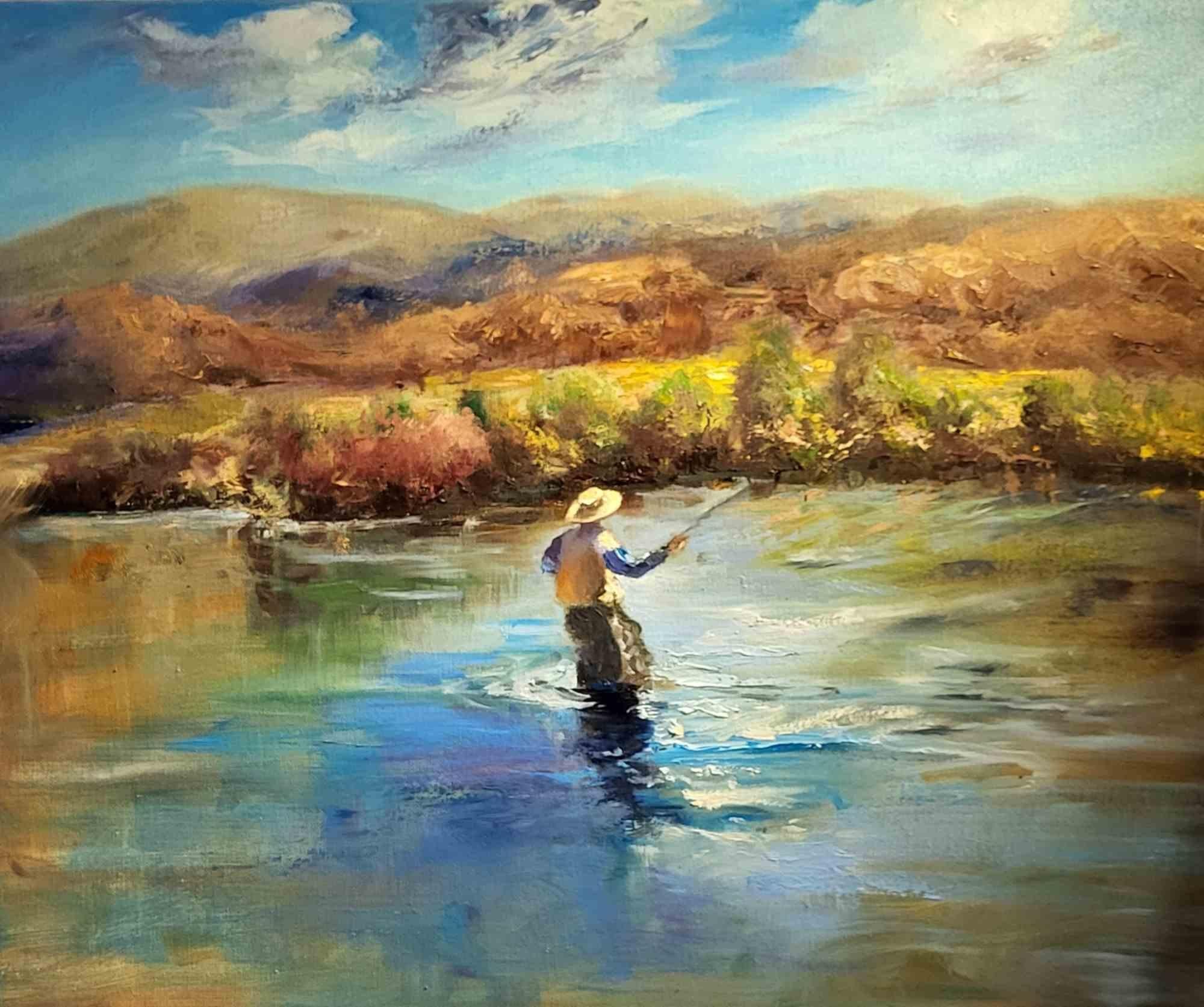 La pêche en Patagonie - Peinture à l'huile d'Elena Mardashova - 2023