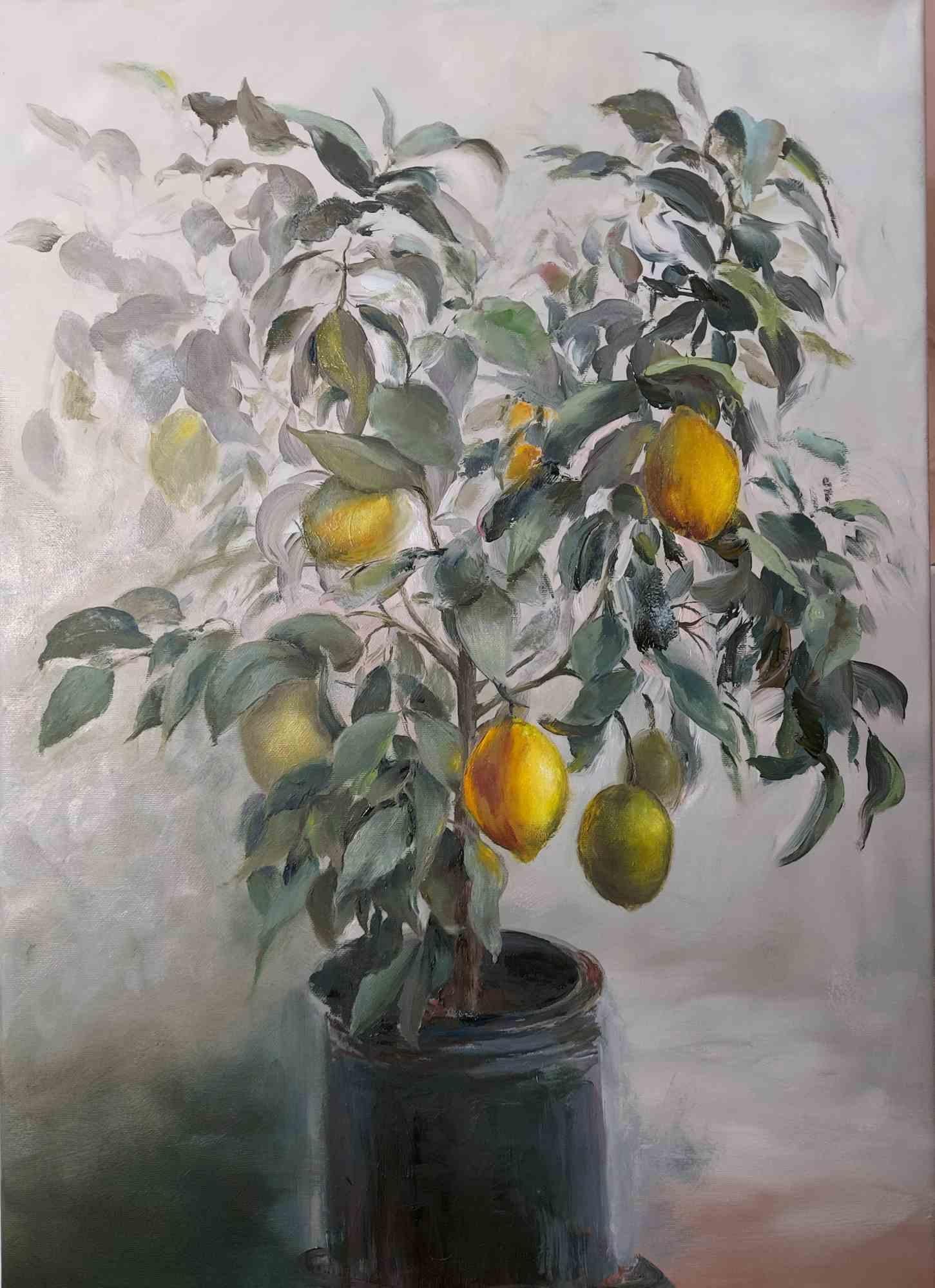 Ölgemälde auf Leinwand von Elena Mardashova, 70x50 cm, geschaffen, um das Gefühl eines echten, lebendigen Zitronenbaums zu vermitteln, der in der Küche von jemandem fantastisch aussehen könnte. 

 