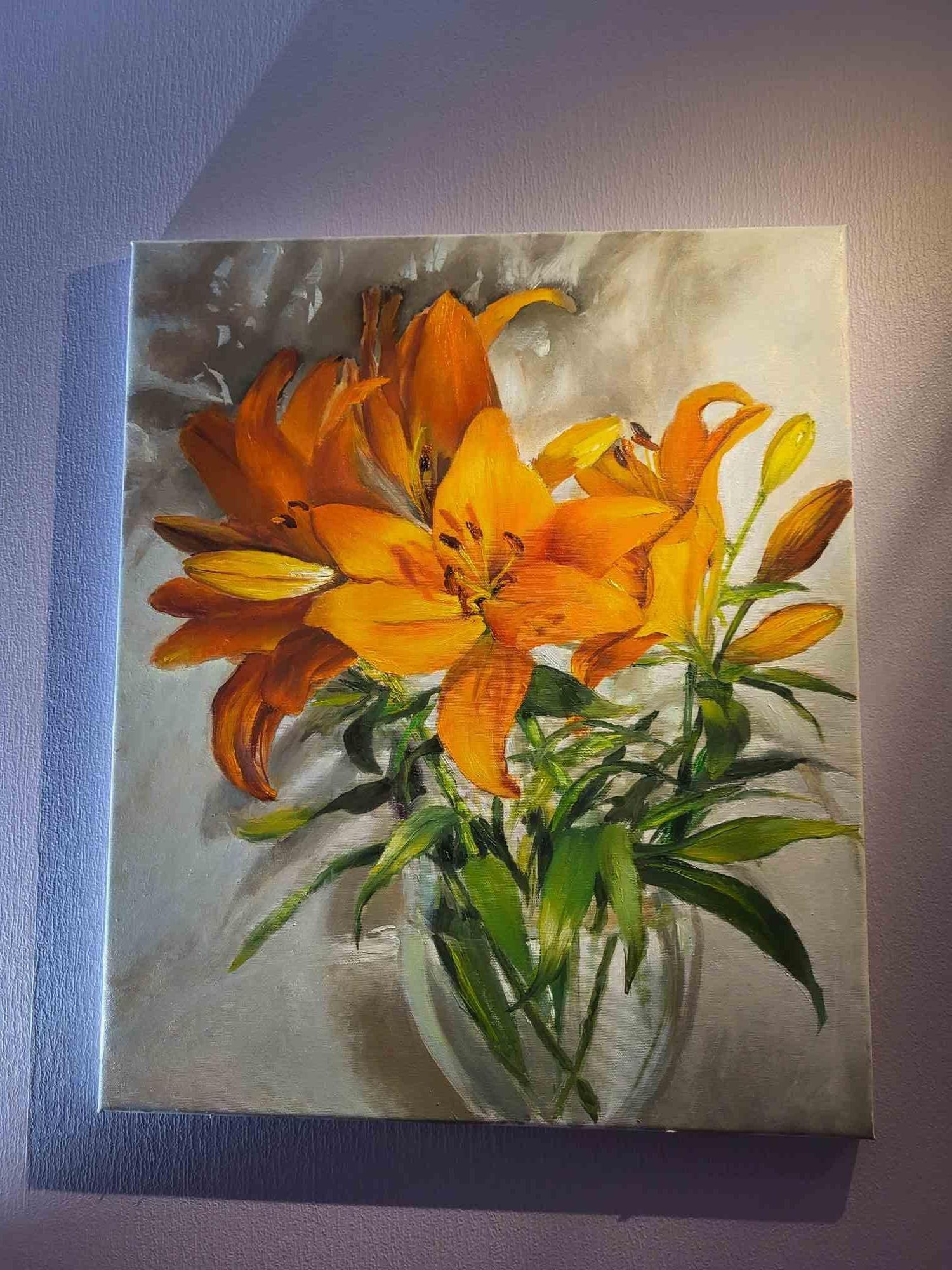 Oil painting 'Lilies are here', on canvas 60 x 50 cm, 2024. 