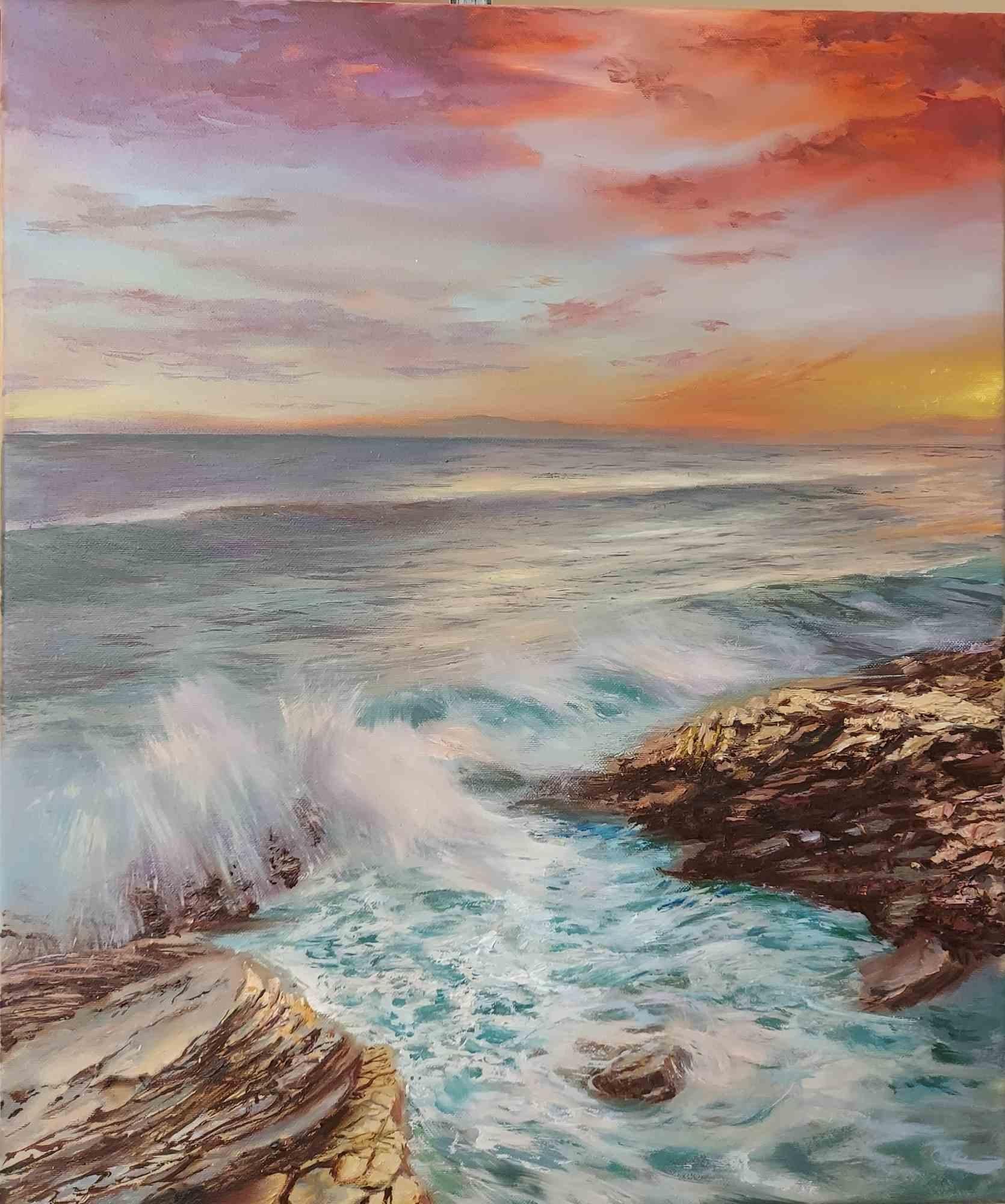 Oil painting on canvas 60 x 50 cm, called 'Magic evening',

is meant to create a magic feeling of the ocean under the special orange sunset light. 