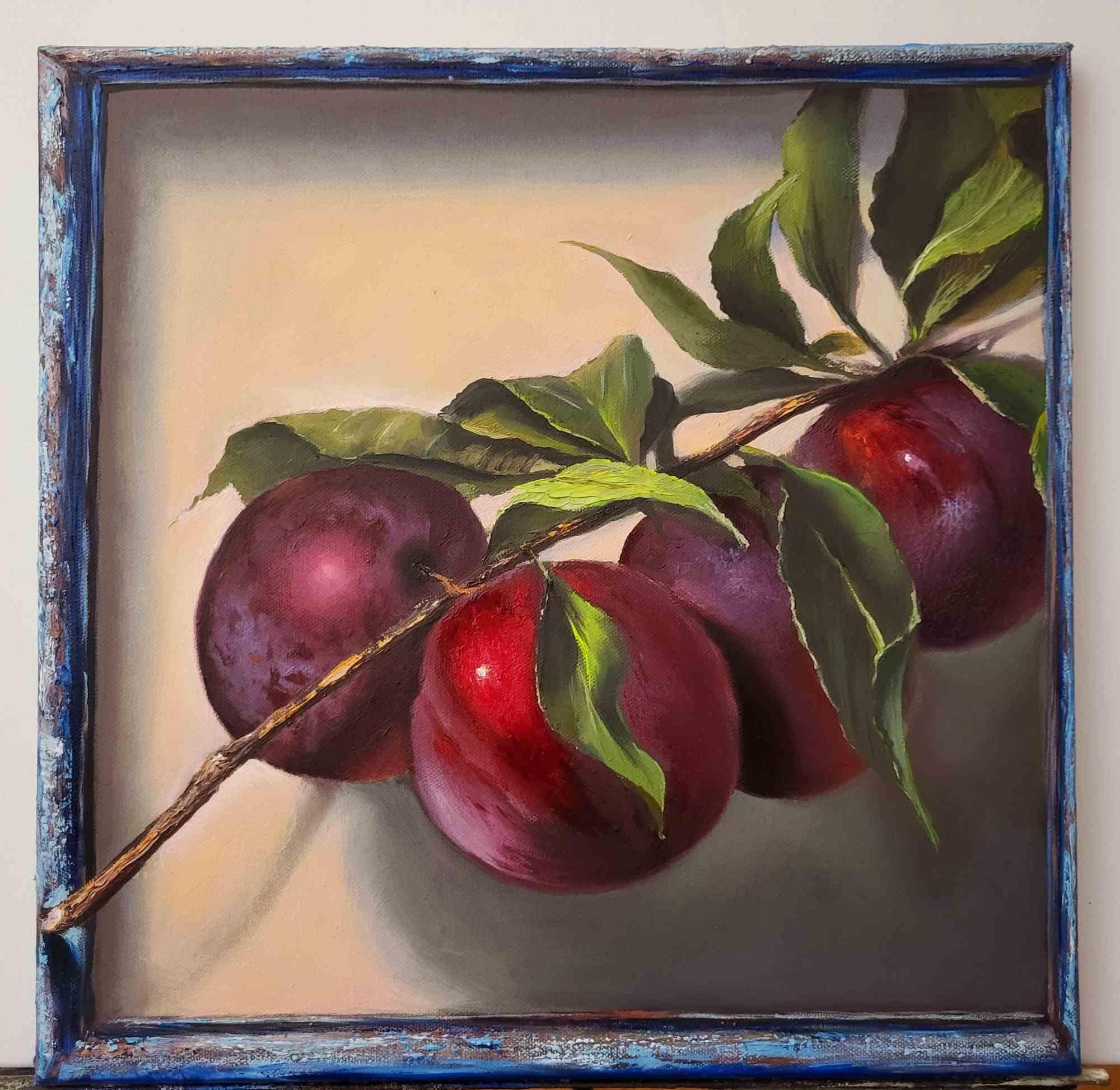 Peinture à l'huile originale "Prunes", par Elena Mardashova, réalisée sur toile 40 x 40 cm.