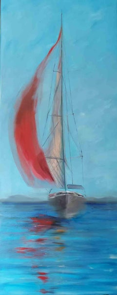Barca a vela rossa - Pittura a olio di Elena Mardashova - 2020