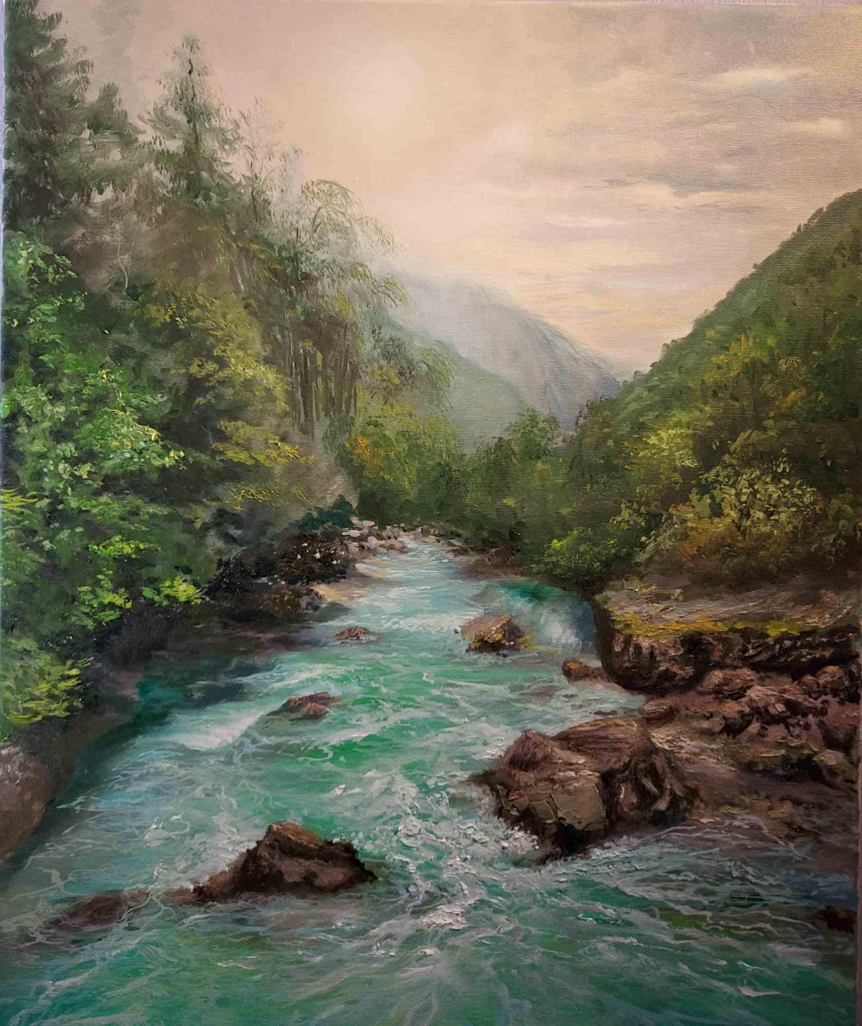 Original oil painting on canvas 60 x 50 cm, entitled RIVER.

It could remind the genuine untouched nature, could be somewhere in the North.