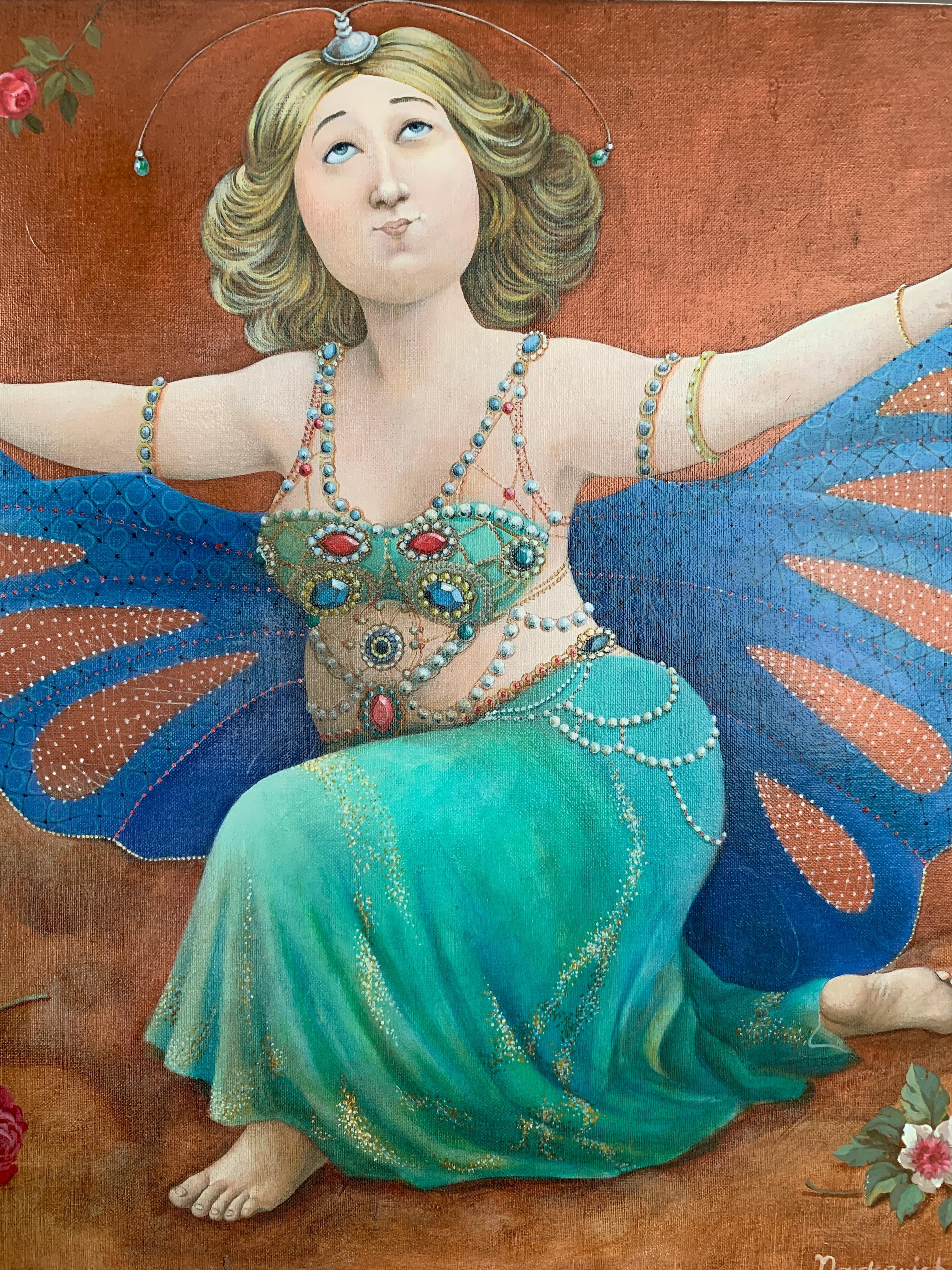 Blue Butterfly (A girl in a blue costume) - naive art, made in turquoise, blue - Painting by Elena Narkevich