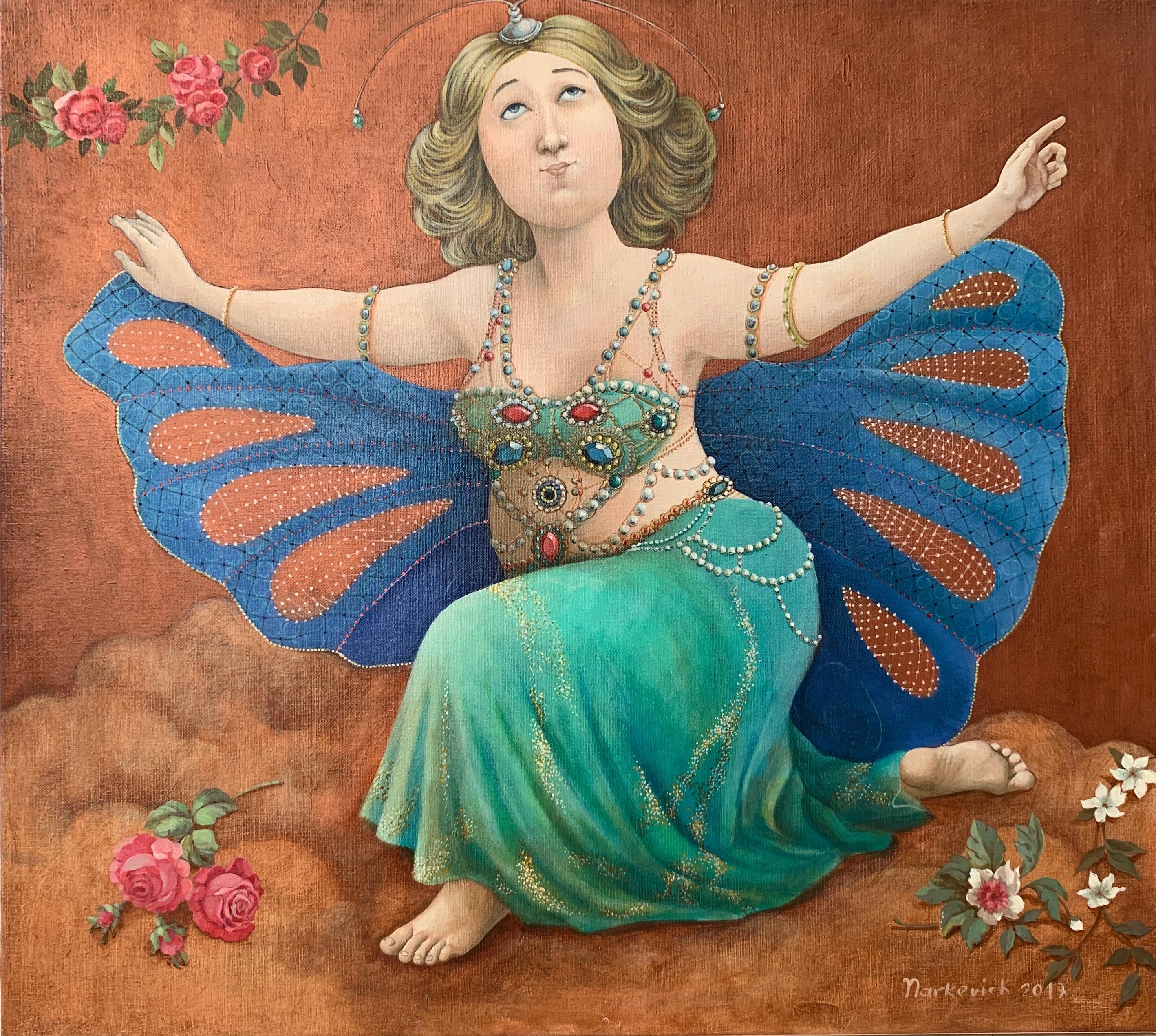 Elena Narkevich Figurative Painting - Blue Butterfly (A girl in a blue costume) - naive art, made in turquoise, blue
