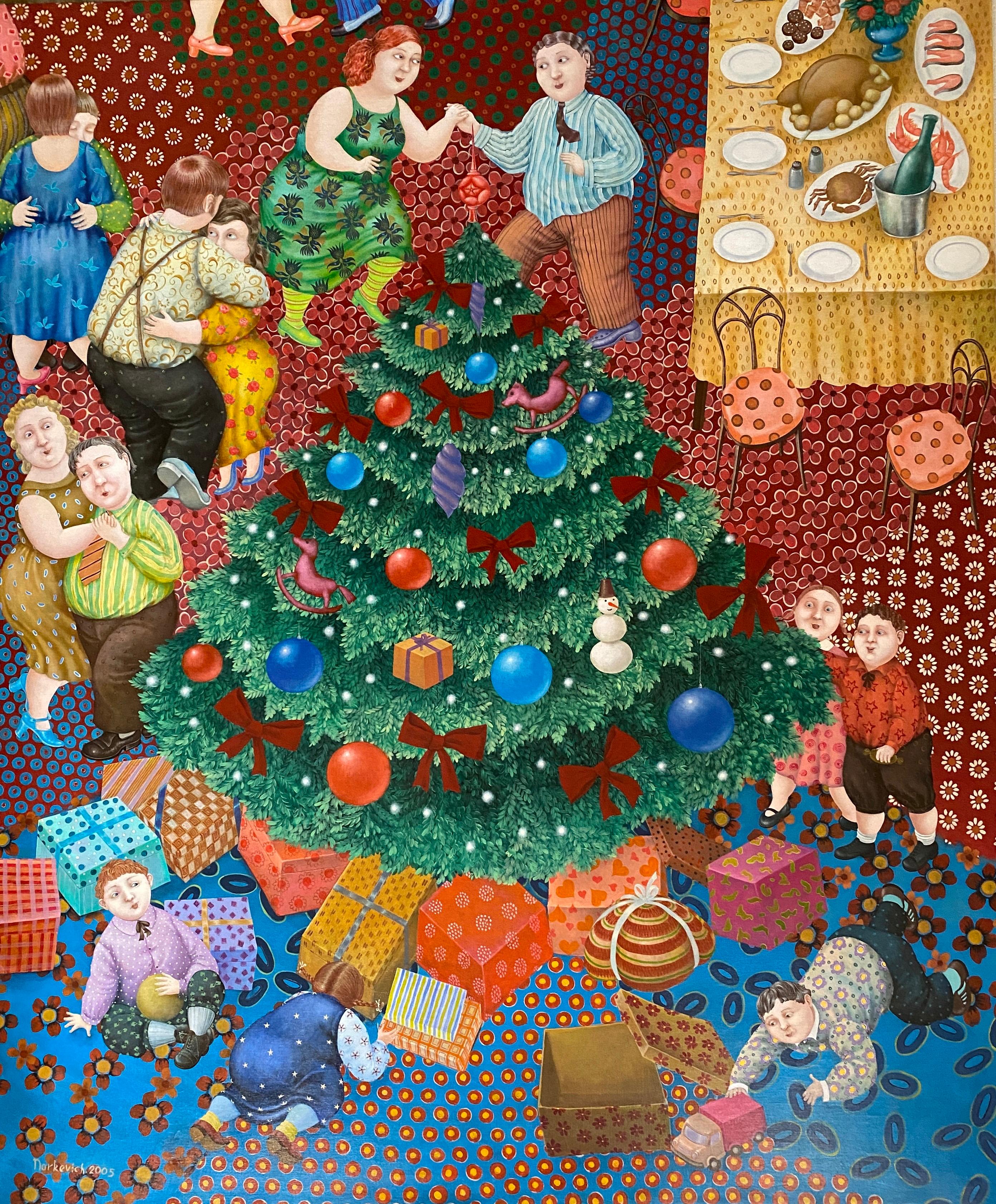 Elena Narkevich Figurative Painting - Christmas (La Navidad). Fun family scene around the Christmas tree. 