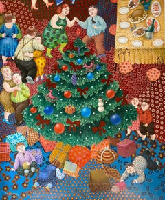 Retro Christmas (La Navidad). Fun family scene around the Christmas tree. 