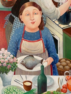 Harmony (family kitchen) -naive art, made in green, red, blue, yellow collor