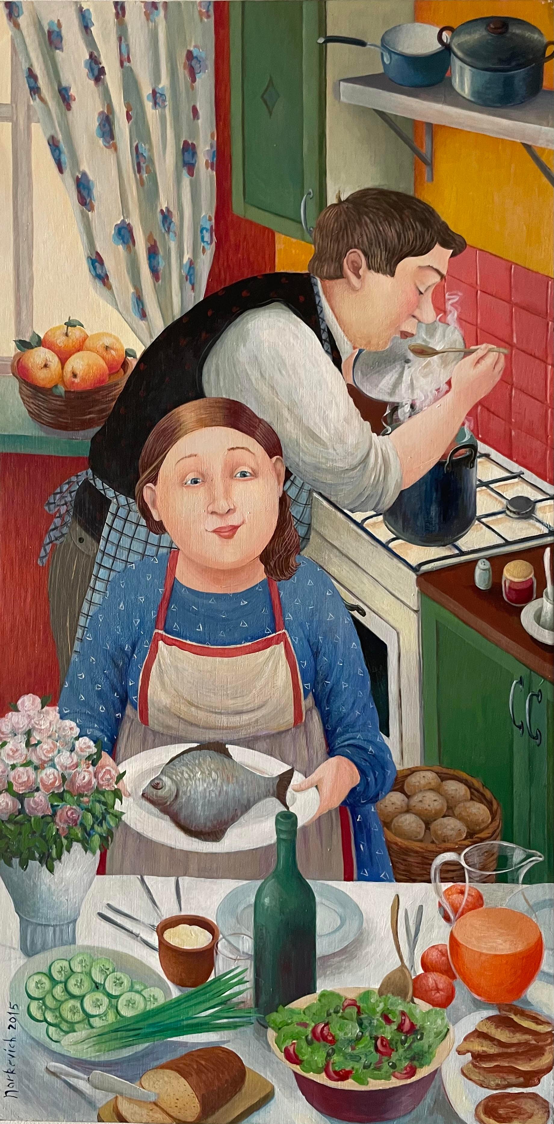 Elena Narkevich Figurative Painting - Harmony (family kitchen) -naive art, made in green, red, blue, yellow collor