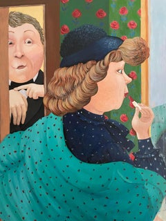 Hurry up (Date priza) -naive art, made in green, red, turquoise, blue color