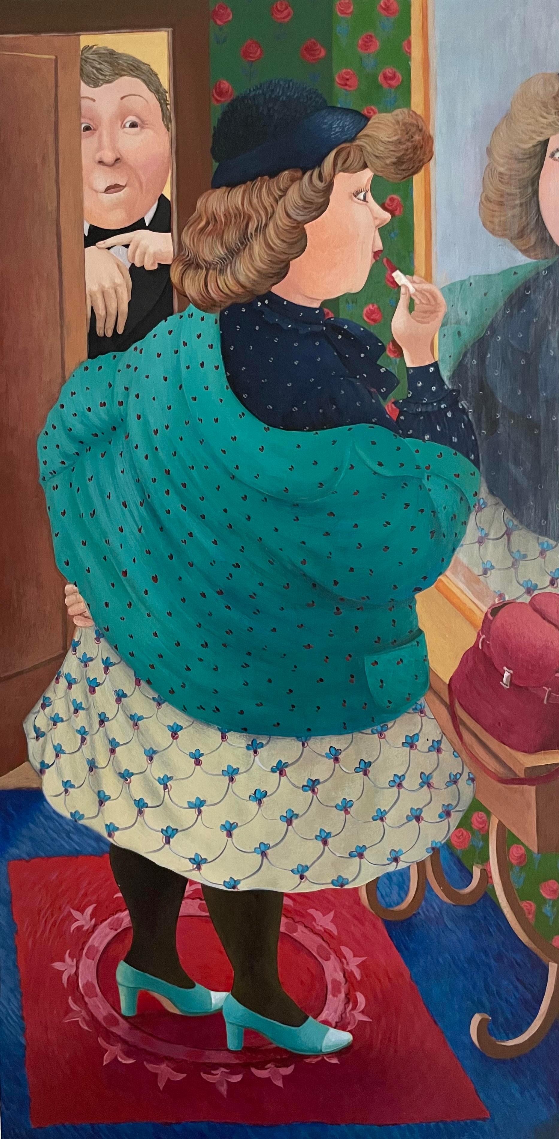 Affrettati (Date priza) - arte naif, realizzata nei colori verde, rosso, turchese, blu