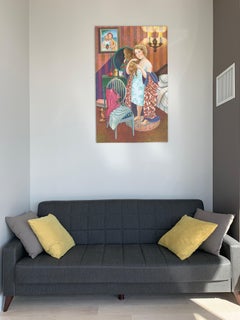 In the Bedroom (A girl with a comb) - naive art, made in red, blue, green colors