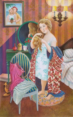 In the Bedroom (A girl with a comb) - naive art, made in red, blue, green colors