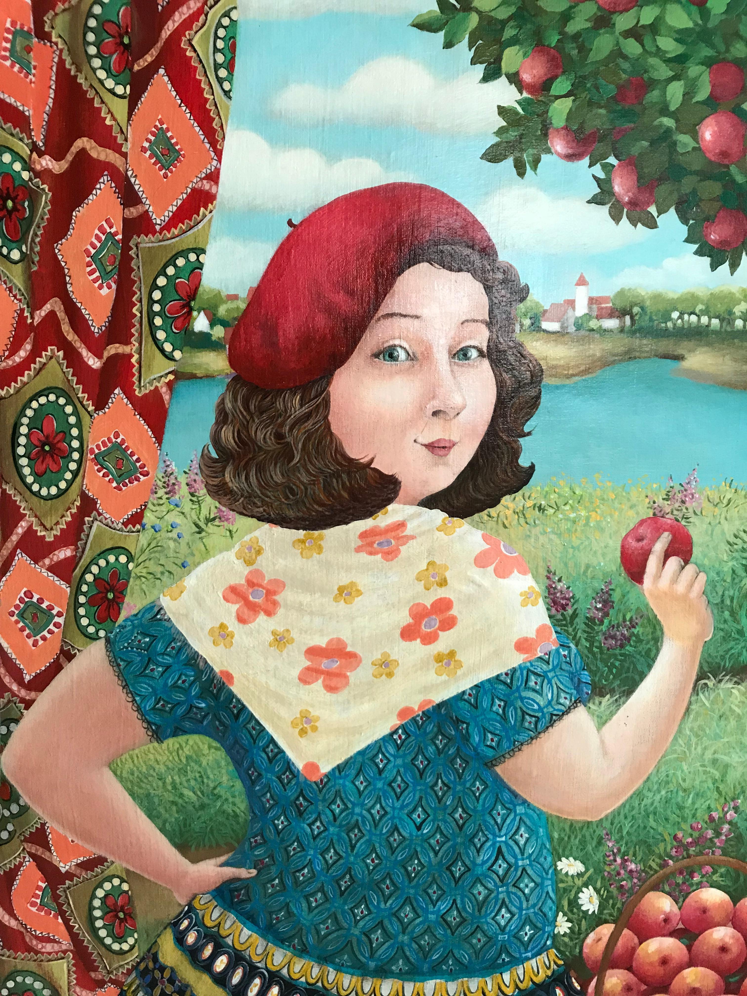 The Girl in Red Beret mit Apfeln - naive Kunst, in roten, grünen, blauen Farben gefertigt – Painting von Elena Narkevich