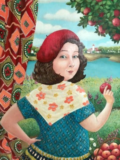 The Girl in Red Beret with apples - naive art, made in red, green, blue colors