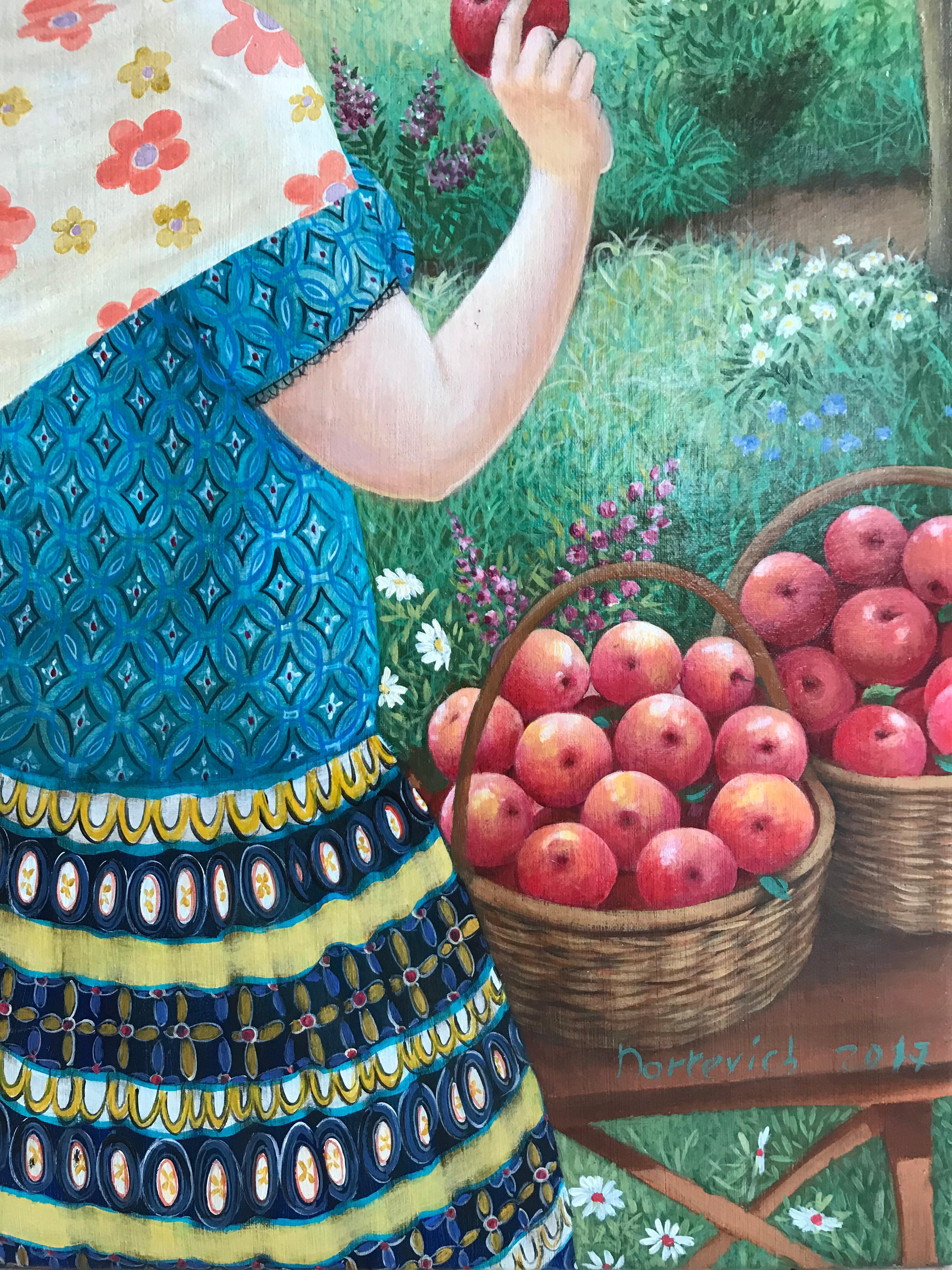 The Girl in Red Beret mit Apfeln - naive Kunst, in roten, grünen, blauen Farben gefertigt (Zeitgenössisch), Painting, von Elena Narkevich